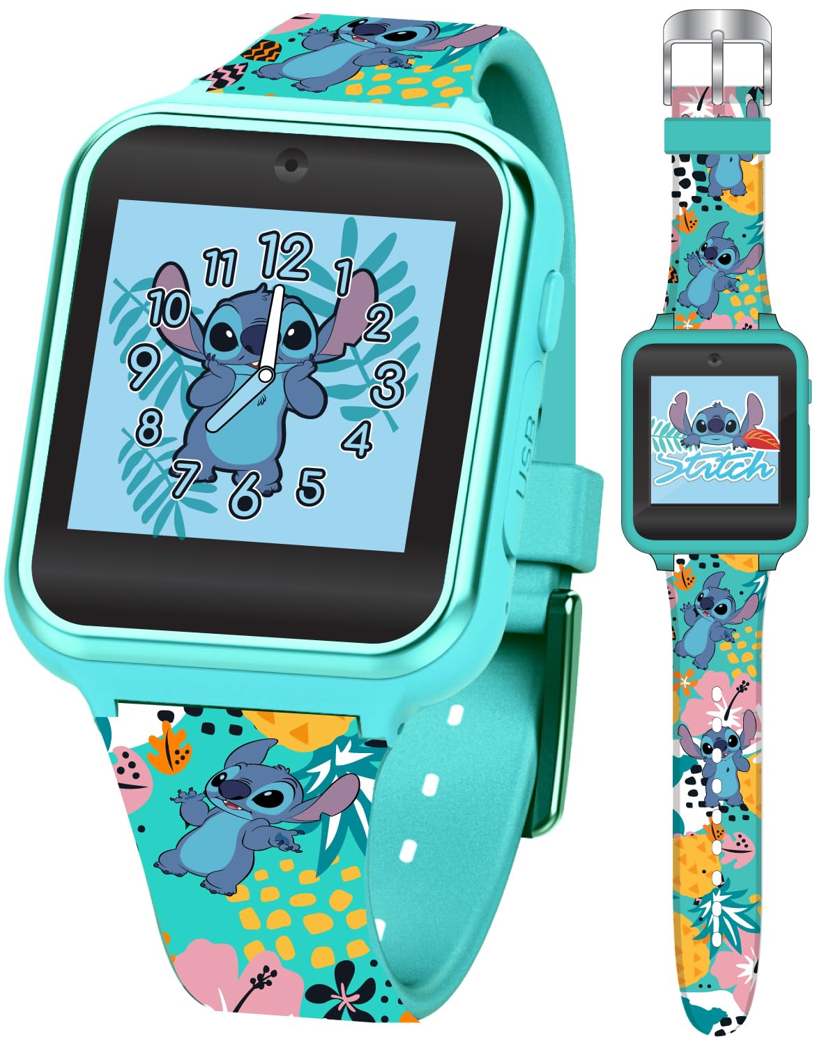 Disney Stitch Kids Smart Watch with 10 Customizable Faces, Camera, Voice Recorder, Alarm, Calculator, and Step Counter – Touchscreen Interactive Watch for Kids – Colorful Silicone Strap