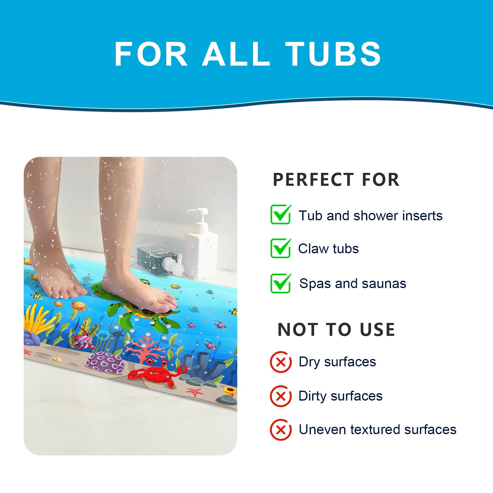 XIYUNTE Baby Bath Mat for Tub Non Slip Kids Bath Mat - 40''x16'' Extra Long Cartoon Sea Turtle Baby Bath Tub Mat Eco-Friendly Toddler Bath Mats with Suction Cups & Drain Holes Easy to Clean & Drying