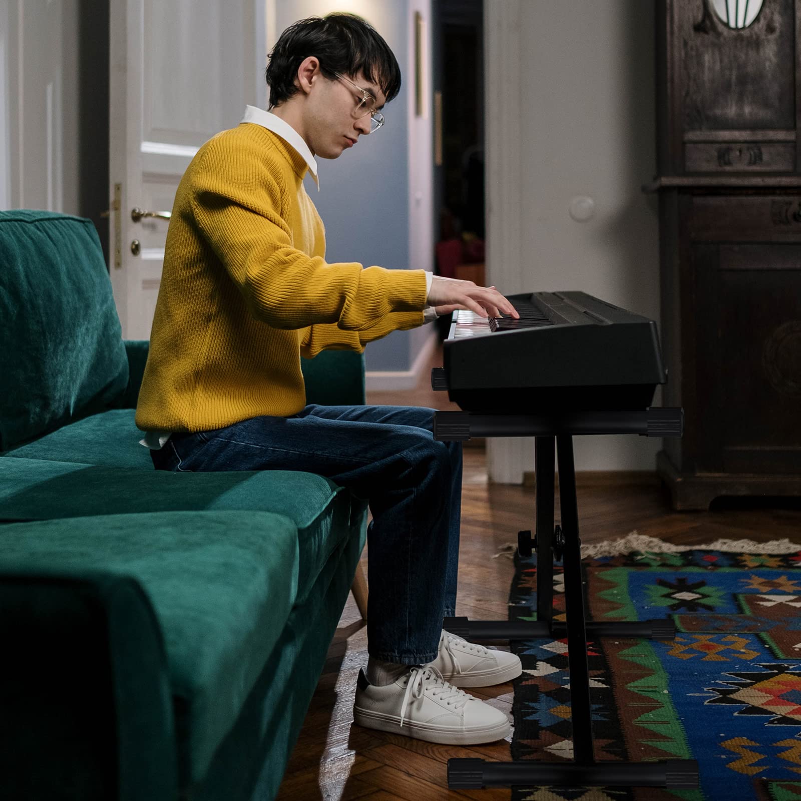 tipatyard Keyboard & Bench Set, 2024 Upgrade Heavy Duty Double-X Keyboard Stand, Adjustable & Portable Digital Piano Stand with Locking Straps