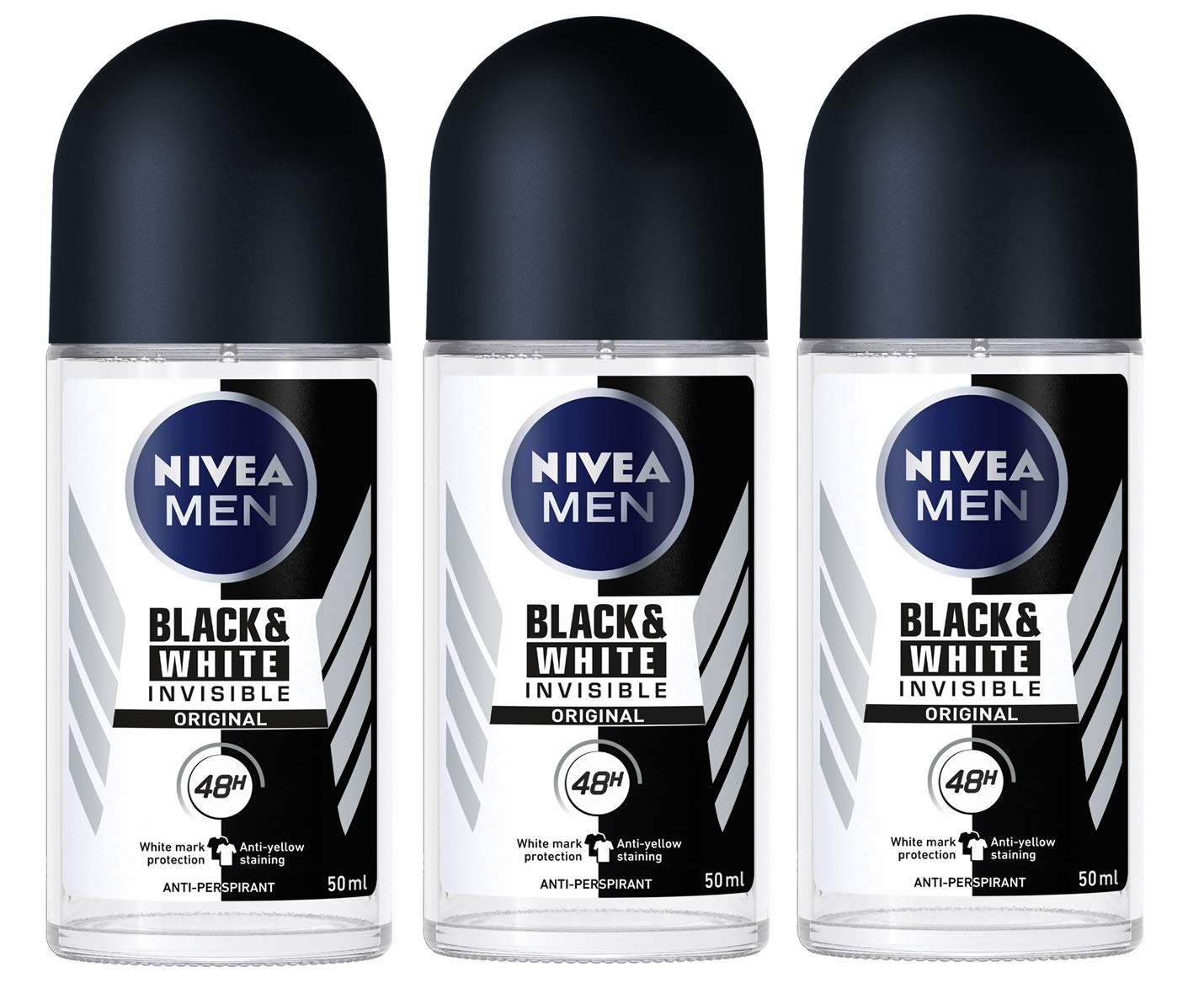 Nivea for Men Invisible for Black & White 48 Hours Deodorant Roll on 50 Ml. 3 Pack l
