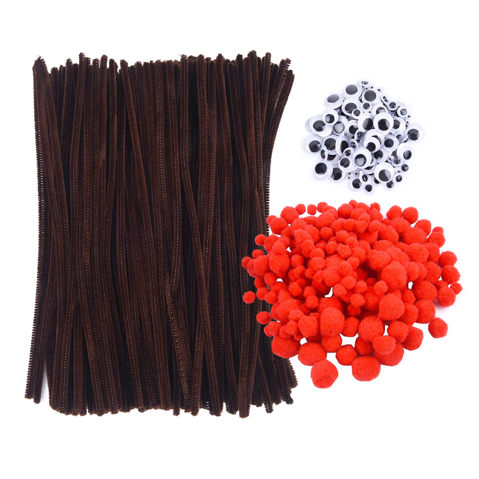 Livder 475 Pieces Christmas Pipe Cleaners Sets, Include 145 Pieces Brown Chenille Stems, 190 Pieces Red Pom Poms and 140 Pieces Wiggle Eyes for Crafts DIY Making