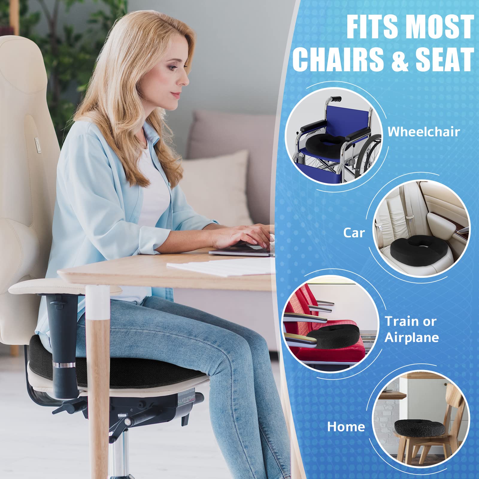 BlissTrends Donut Pillow Seat Cushion,Donut Chair Cushions for Postpartum Pregnancy & Hemorrhoids,Tailbone Pain Relief Cushion,Memory Foam Lifting Cushions for Office&Home Chairs (Black)