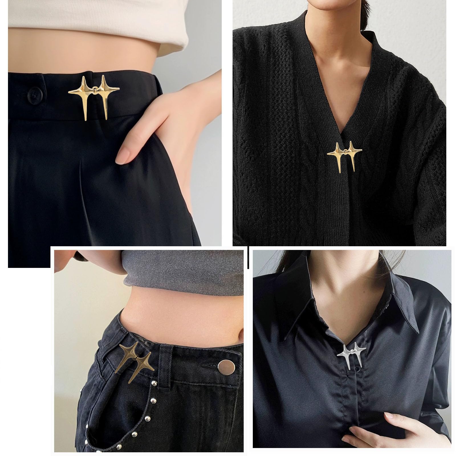 8 Sets Adjustable Star Button Pant Waist Tightener, Adjustable Waist Buckle Sets No Sew and No Tools Detachable Decorative Waist Buckles, Jean Buttons Pins for Loose Jeans, Pants, Skirts, Sleeves