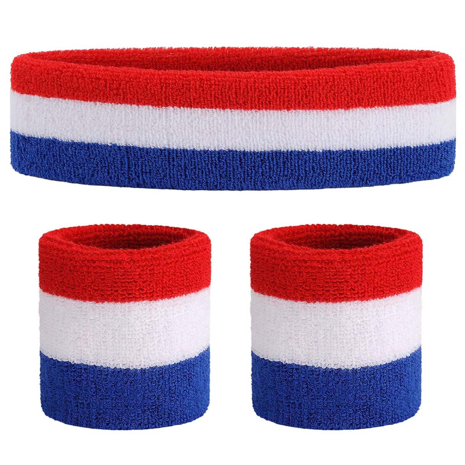 ONUPGO Sweatband Set Premium Sports Headband Wristband Set Sweatbands Terry Cloth Wristband Wrist Sweatband Headbands Moisture Wicking Sweat Absorbing Head Band Red/White/Blue