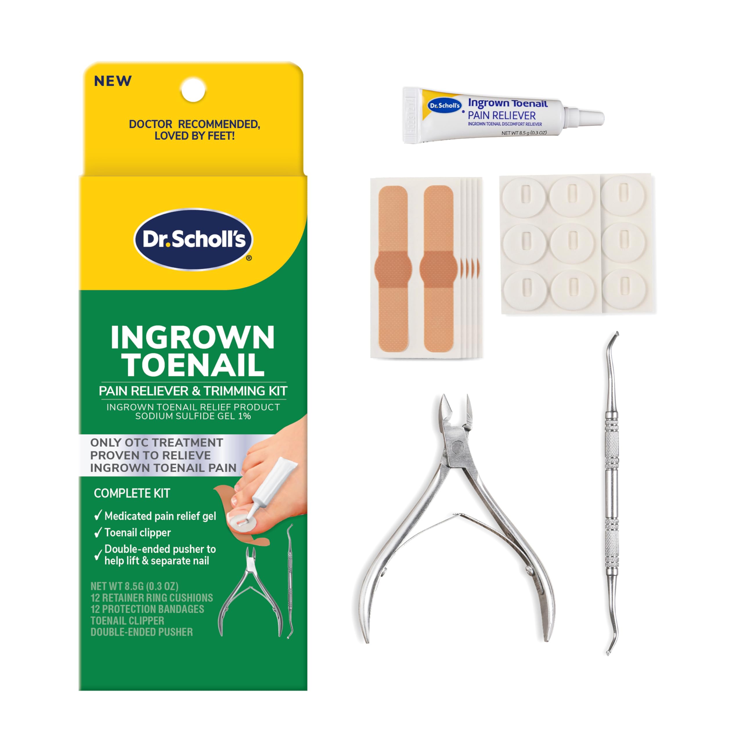 Dr. Scholl's Ingrown Toenail Pain Reliever, 0.3oz // Medicated Gel Softens Nails for Easy Trimming and Foam Ring and Bandage Protect the Affected Area White