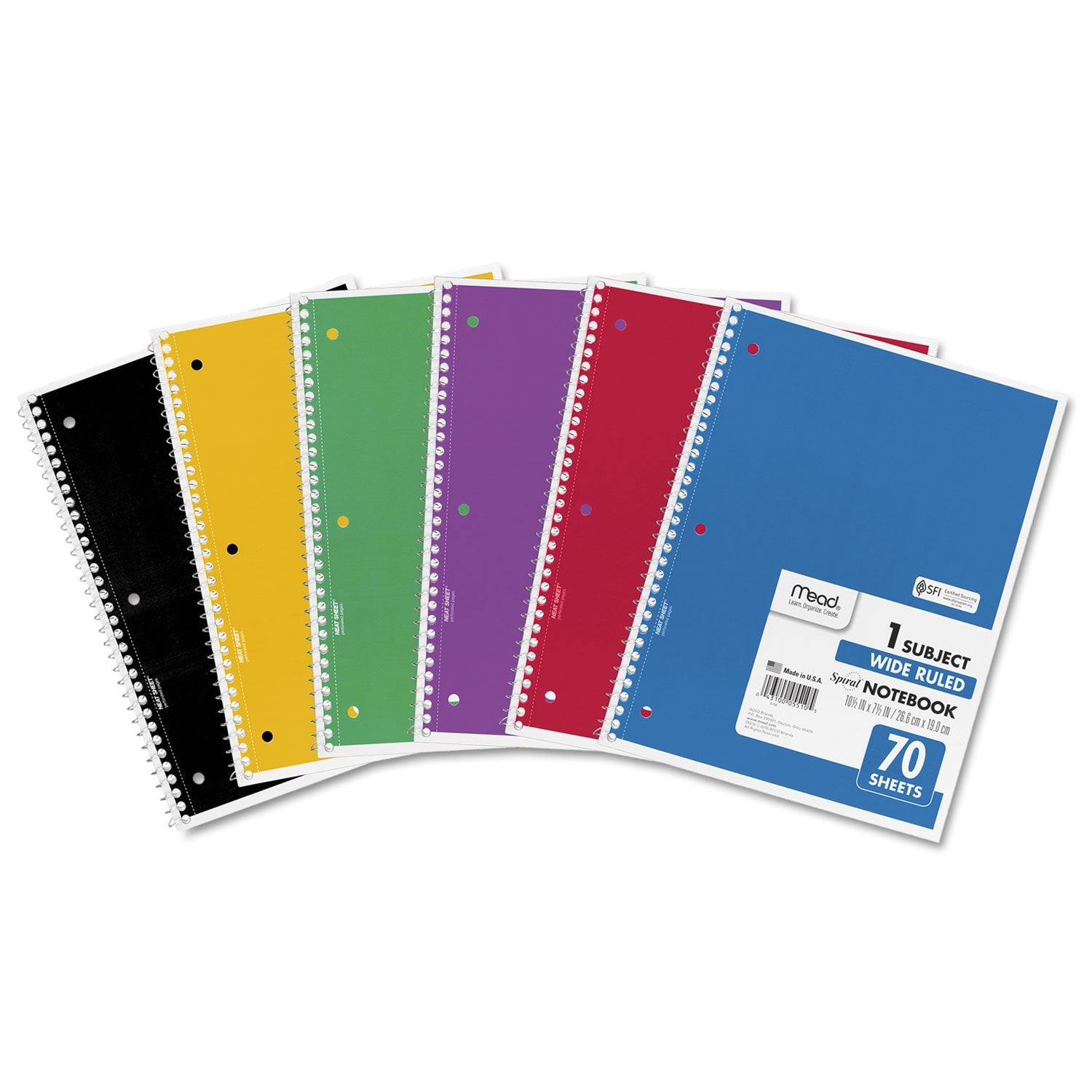 Mead Spiral Notebook, 1 Subject, Wide Ruled Paper, 70 Sheets, 10-1/2" x 7-1/2", Assorted Color (05510)