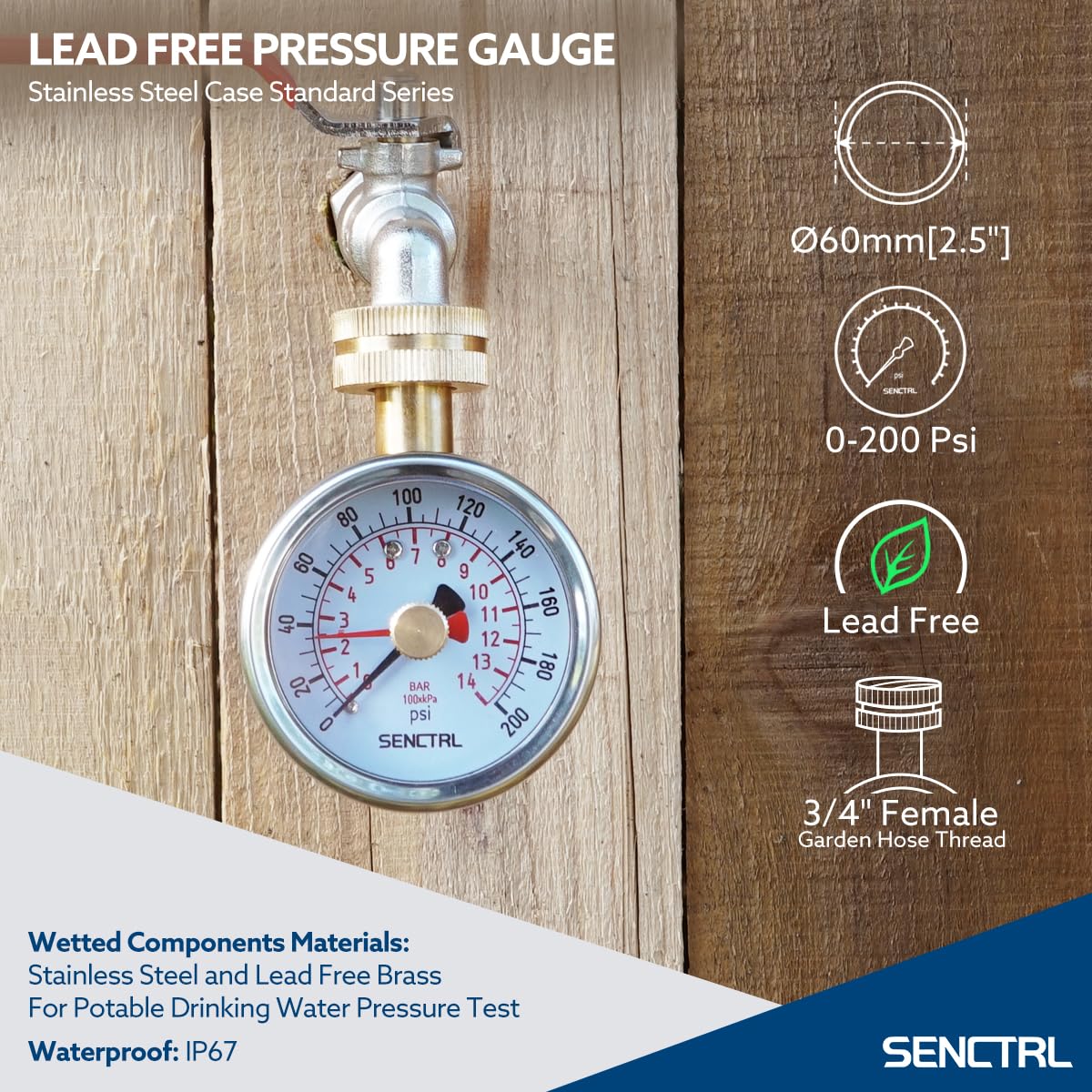 SENCTRL 0-200 Psi Water Pressure Gauge Test with Lazy Hand, Lead-Free, Waterproof, 2.5" Dial Size, 3/4" Female Garden Hose Thread, Stainless Steel Case, for Home Potable Water, House Tube