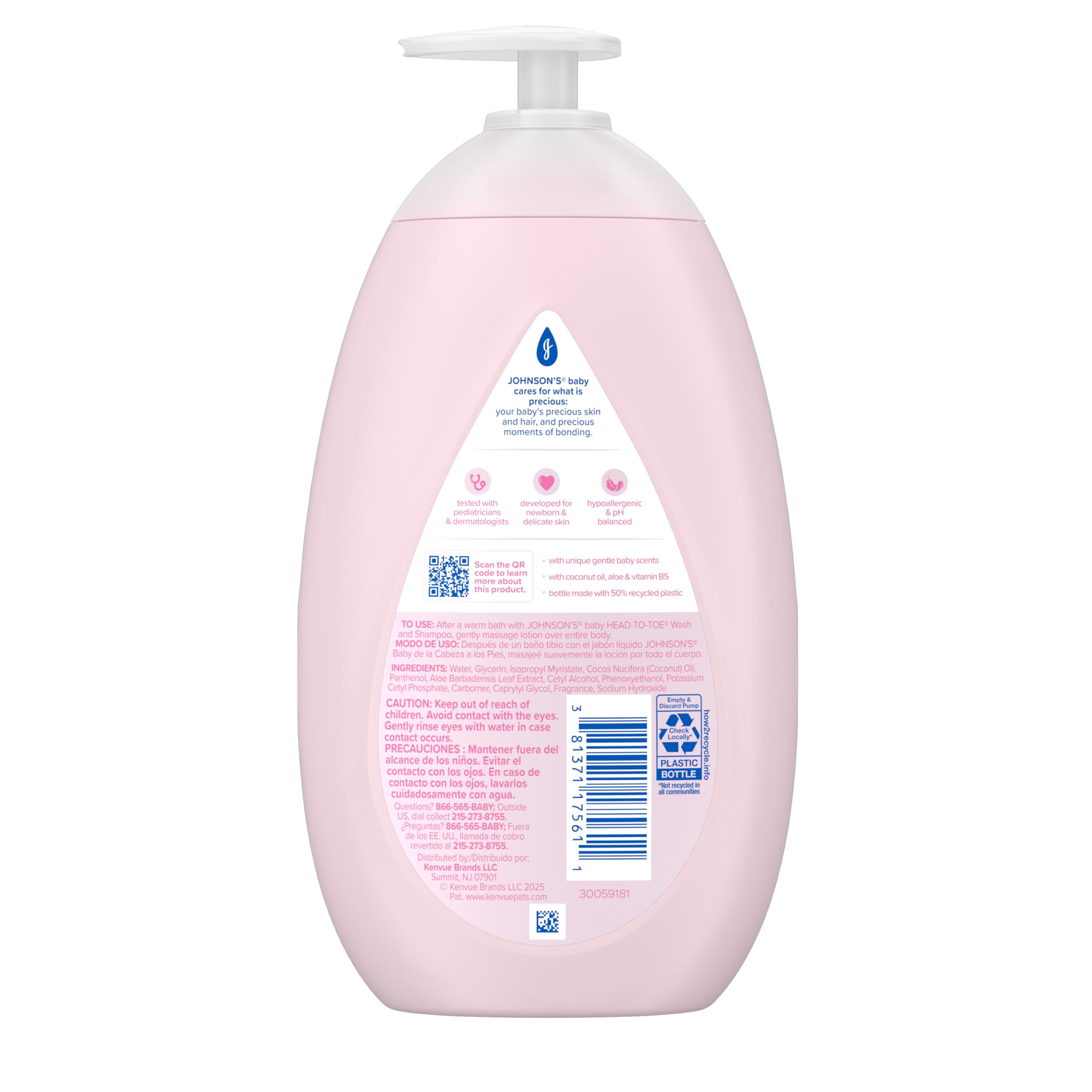 Johnson's Baby Lotion with Coconut Oil, Aloe Vera & Vitamin B5, 72 HR Hydration, Skin Moisturizer, Hypoallergenic, Safe for Newborn, Protects From Dryness & Strengthens Skin, 27.1 fl. Oz