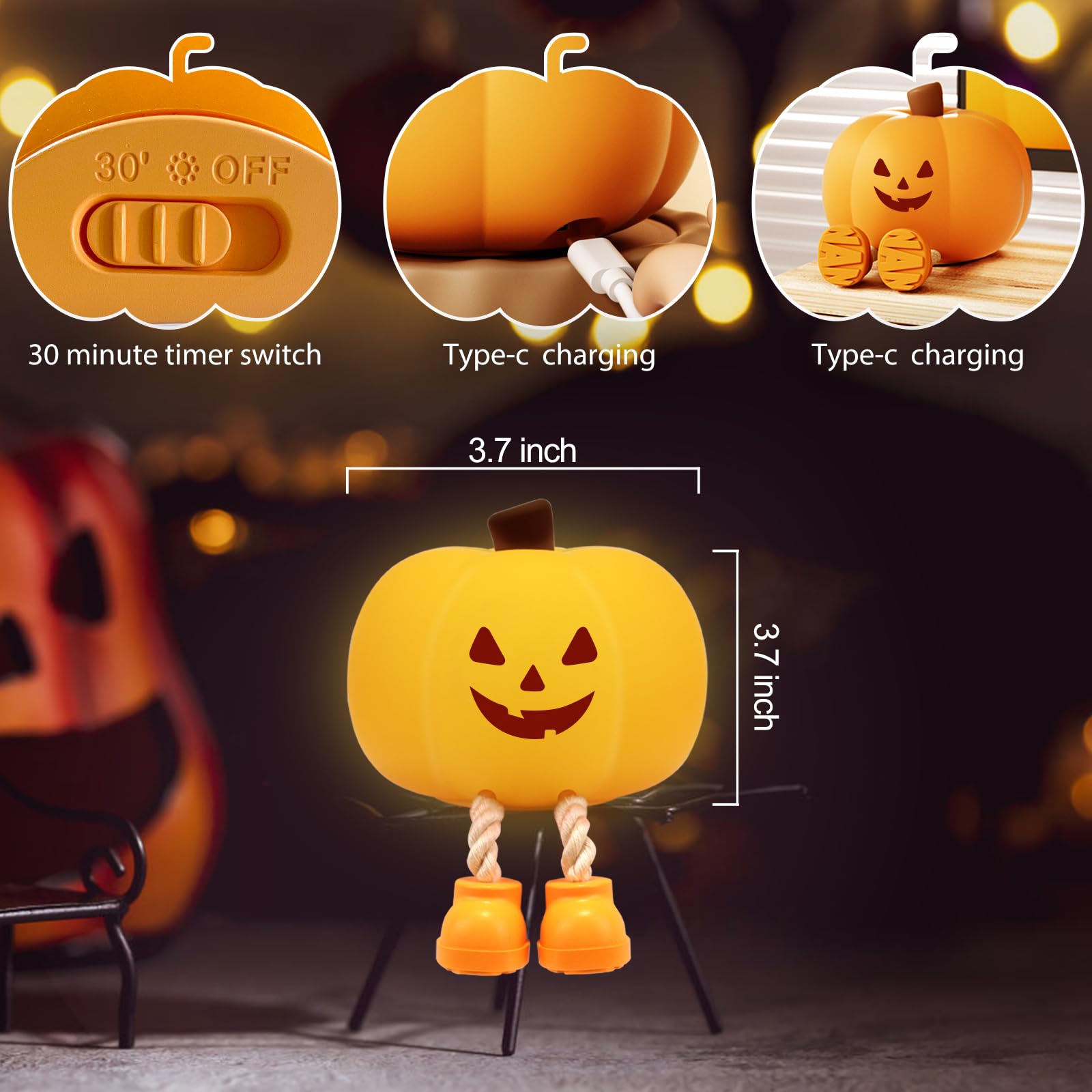 Pumpkin Night Light for Kids Cute Jack O Lantern Halloween Decor Nightlight for Baby Nursery Toddler Squishy Pumpkin Lights Cordless Rechargeable Dimmable Silicone Bedside Lamp Halloween Gifts