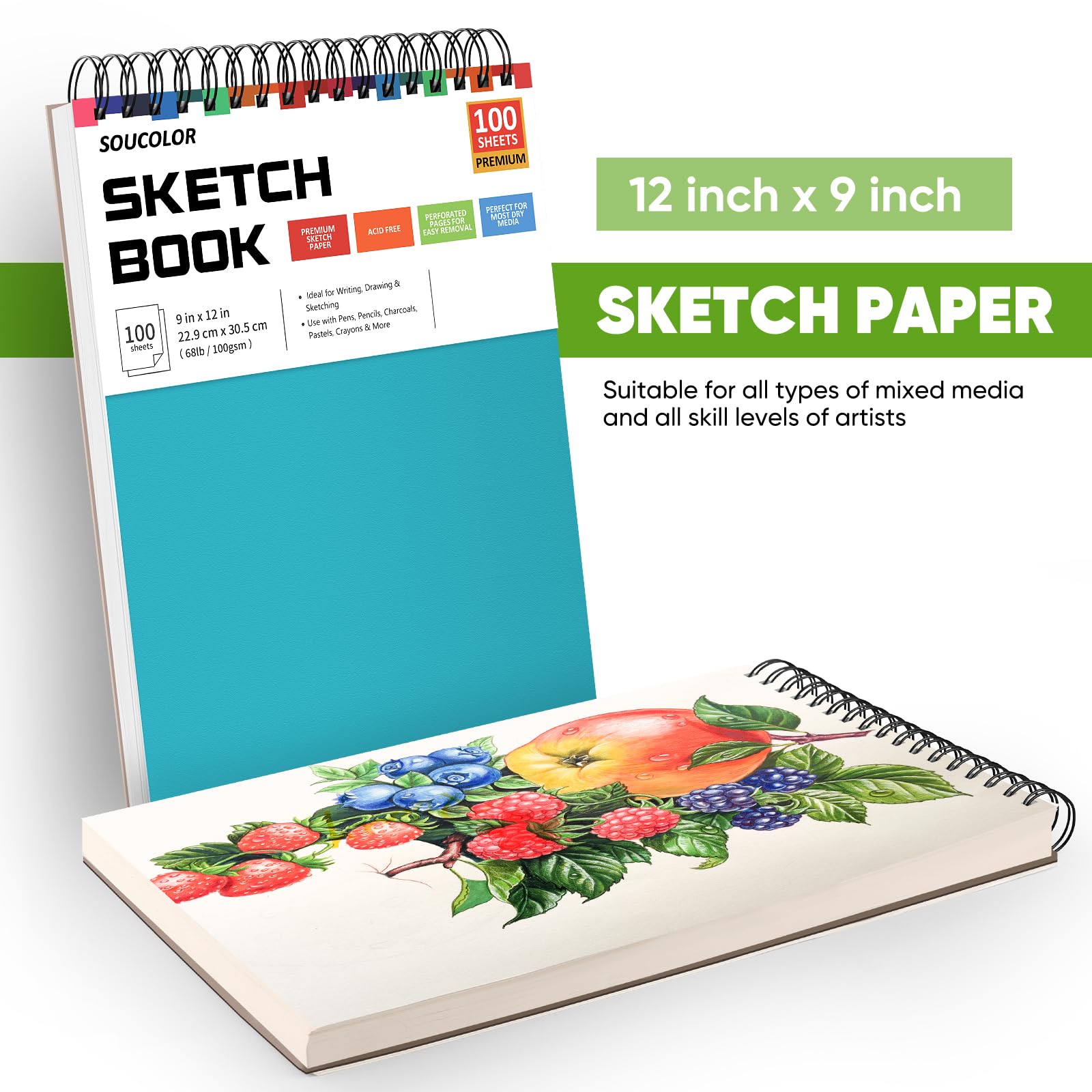 Soucolor 9" x 12" Sketch Book, 1-Pack 100 Sheets Spiral Bound Art Sketchbook, (68lb/100gsm) Acid Free Artist Drawing Book Paper Painting Sketching Pad for Kids Students Adults Beginners