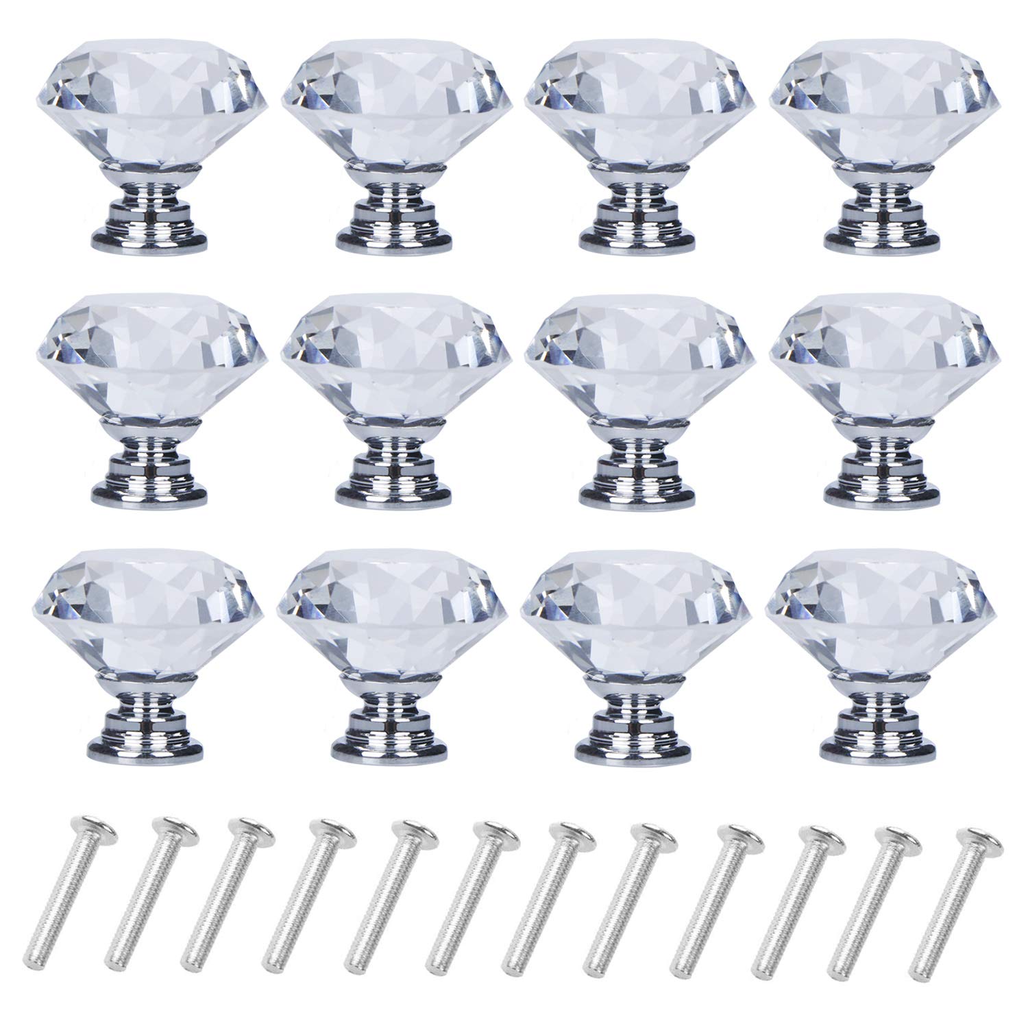 YourGift 12er Pack Schubladenknöpfe Rautenform Kristallglas 30mm Schrankknöpfe Zuggriffe (Silber)