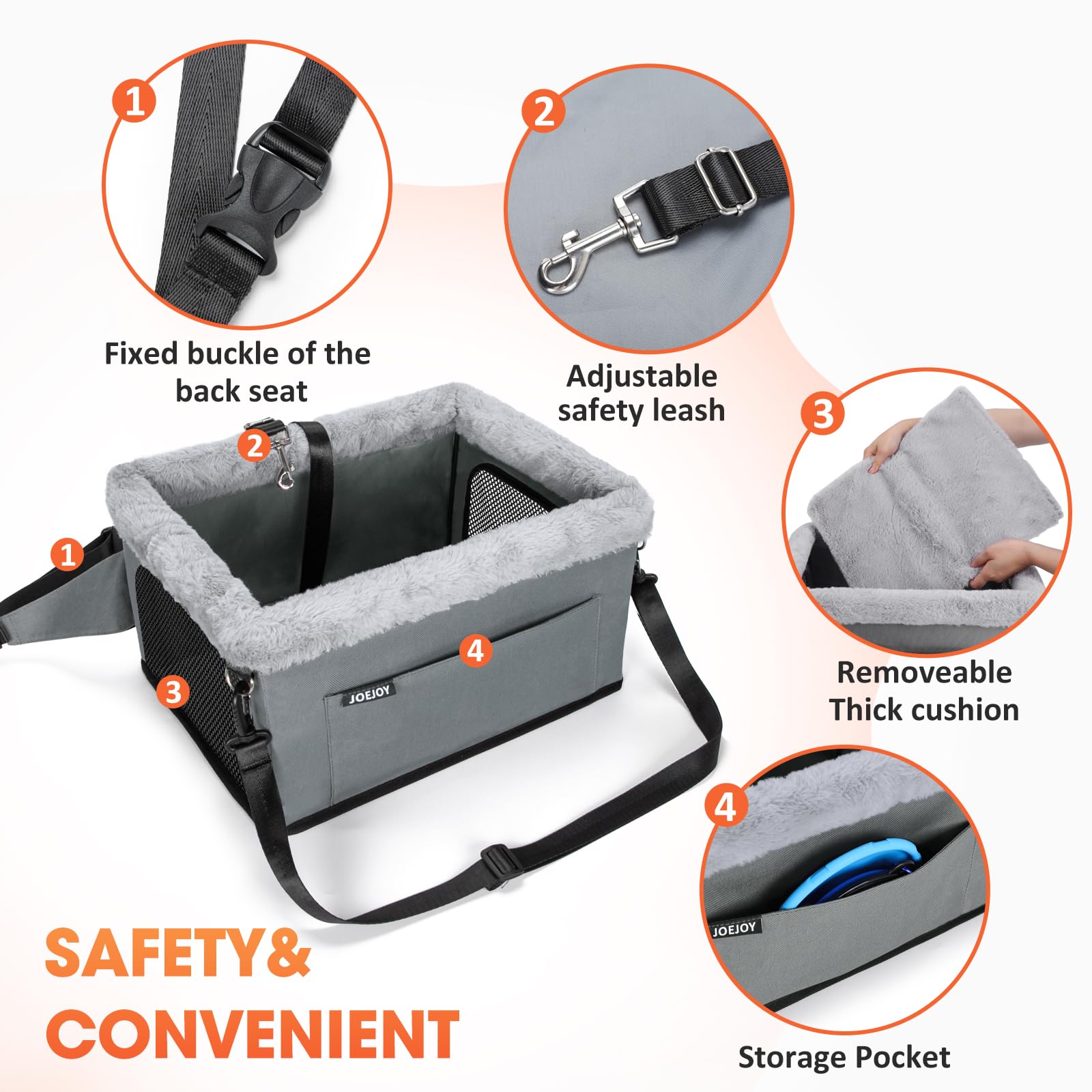 JOEJOY Deluxe Dog Booster Seat with Sturdy Metal Frame and Safety Leash for Small Pets up to 20 lbs - Portable Puppy Dog Car Seat with Thick Cushion and Storage Pockets for Small Dogs