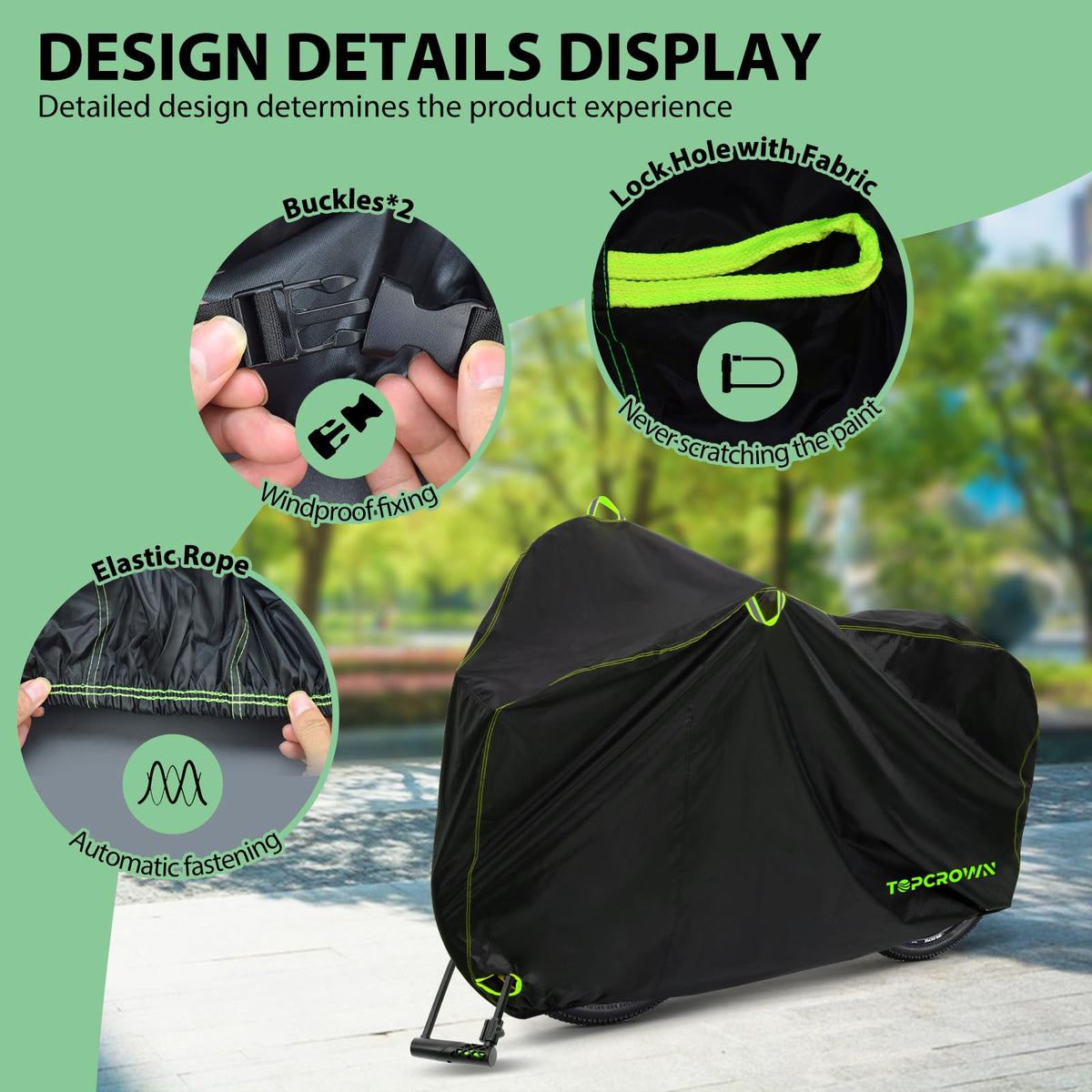 Topcrown Bike Cover Waterproof Outdoor Storage for 1/2/3 Bikes, Bicycle Cover Rain Sun UV Dust Wind Proof with Storage Bag for Mountain Road Bike/Ebike (210D Black+Green, XL Size for 1 bike)