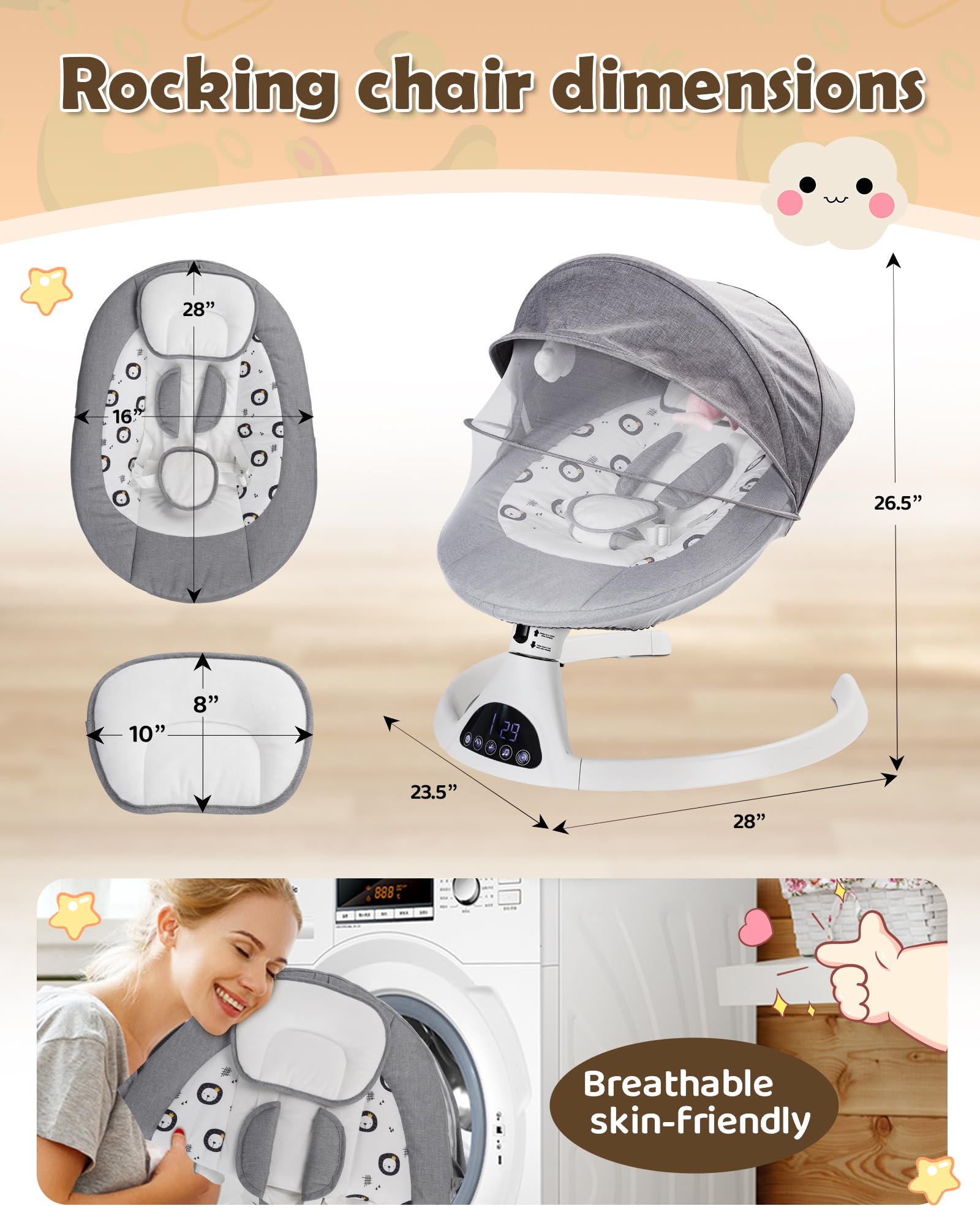 Electric Baby Swing for Infants to Toddler Portable Babies Swing Timing Function 5 Swing Speeds Bluetooth Touch Screen Music Speaker with 10 Preset Lullabies 5-Point Carabiner Gray