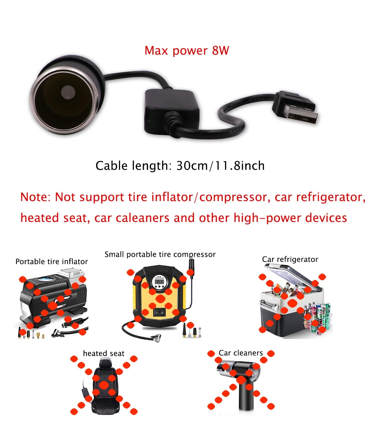 WYMECT USB A Male to 12V Car Cigarette Lighter Socket Female Converter Cable (8W Max)