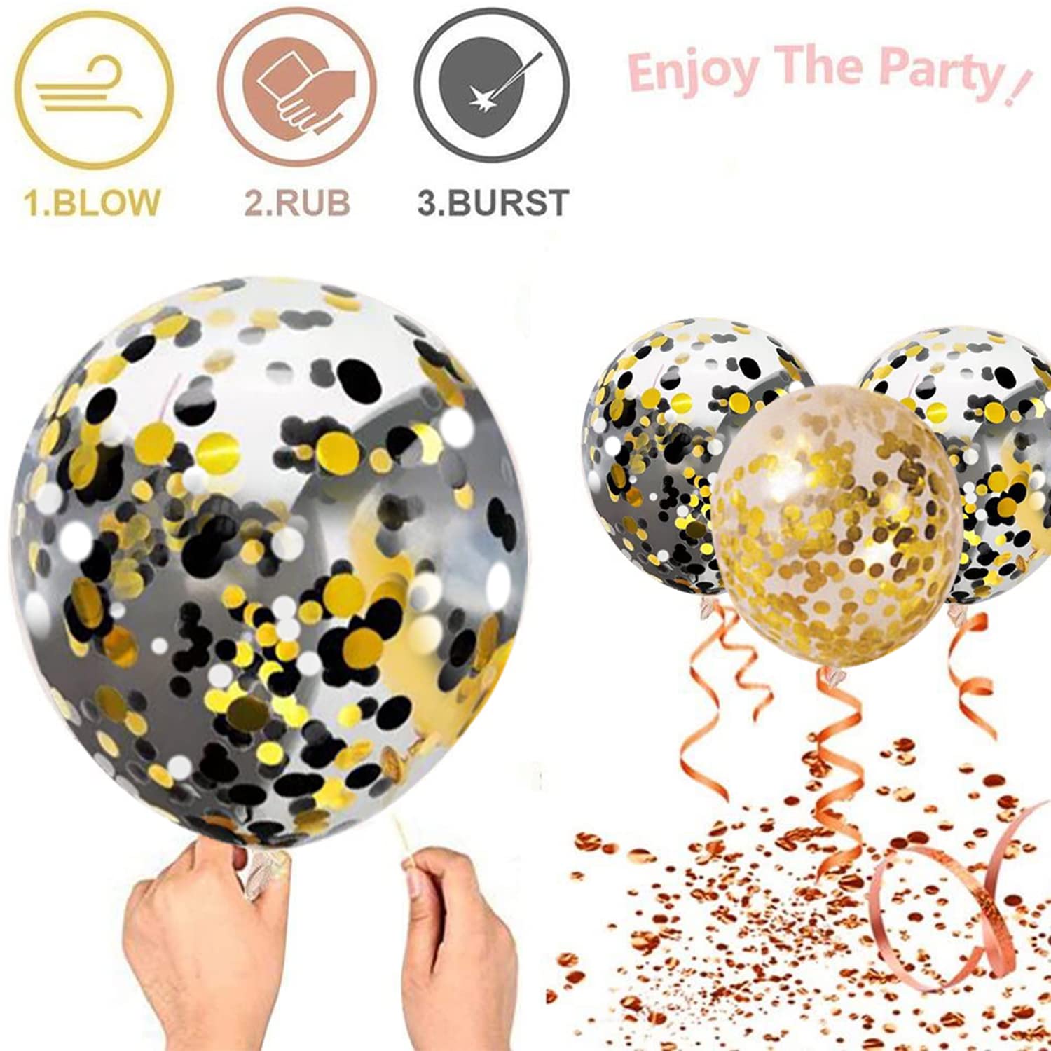 Zesliwy Black Gold Confetti Balloons 50 pack - 12 Inch Gold White and Black Confetti Balloons with Ribbons for Graduation Birthday Wedding Party Decorations…