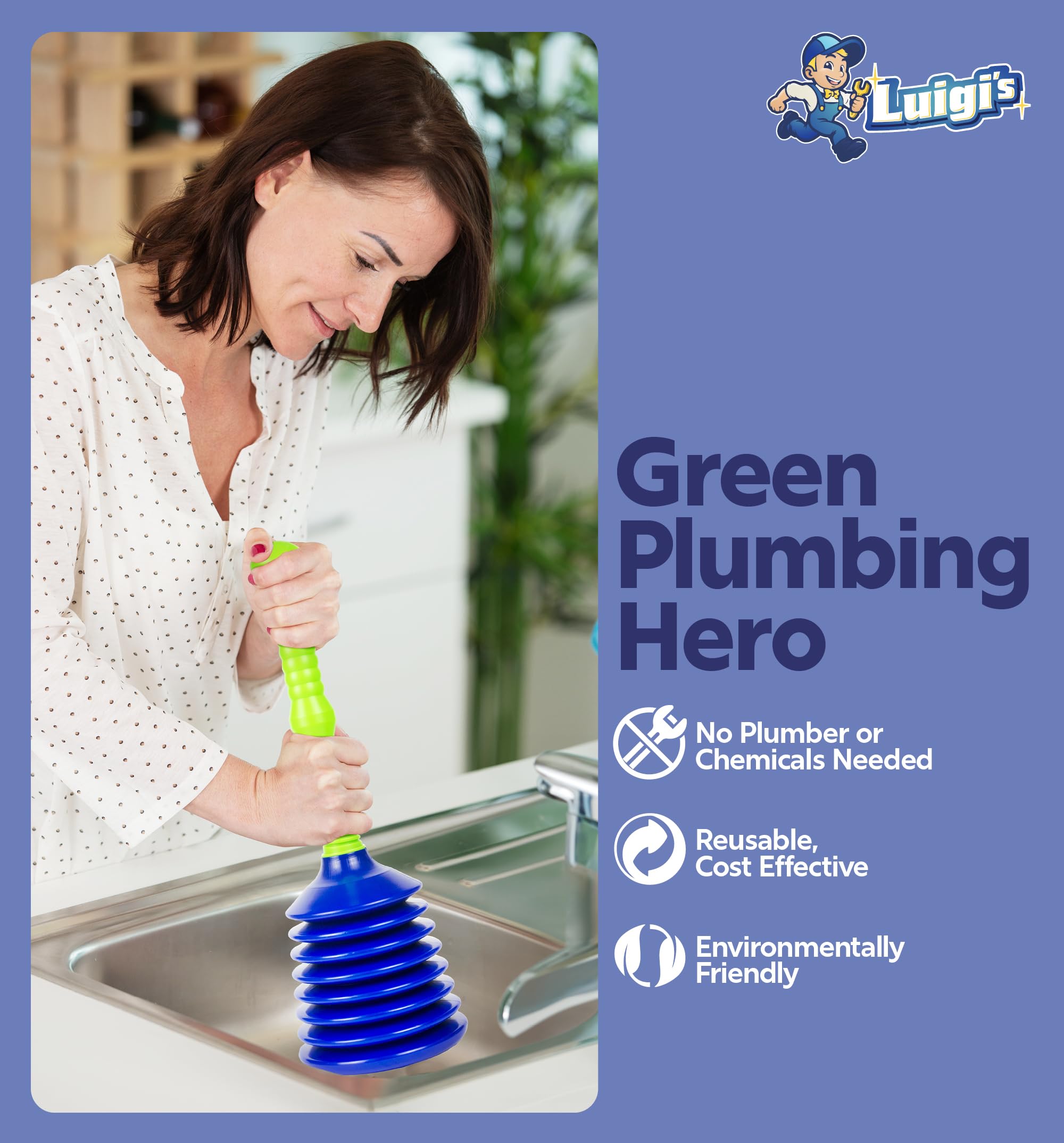 Luigi's Sink Plunger Kitchen - Sink Plunger Bathroom - Drain Bathtub or Shower - Small and Powerful Clog Remover - Commercial Style "Plumbers Plungers" with Large Bellows