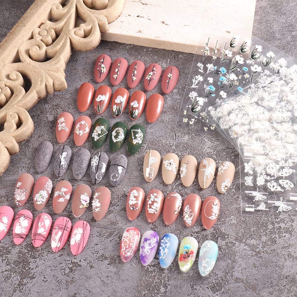 5D Spring Embossed Flower Nail Art Stickers 4 Sheets JMEOWIO Real Self-Adhesive Decals Floral Design Nail Decoration for Women Girls