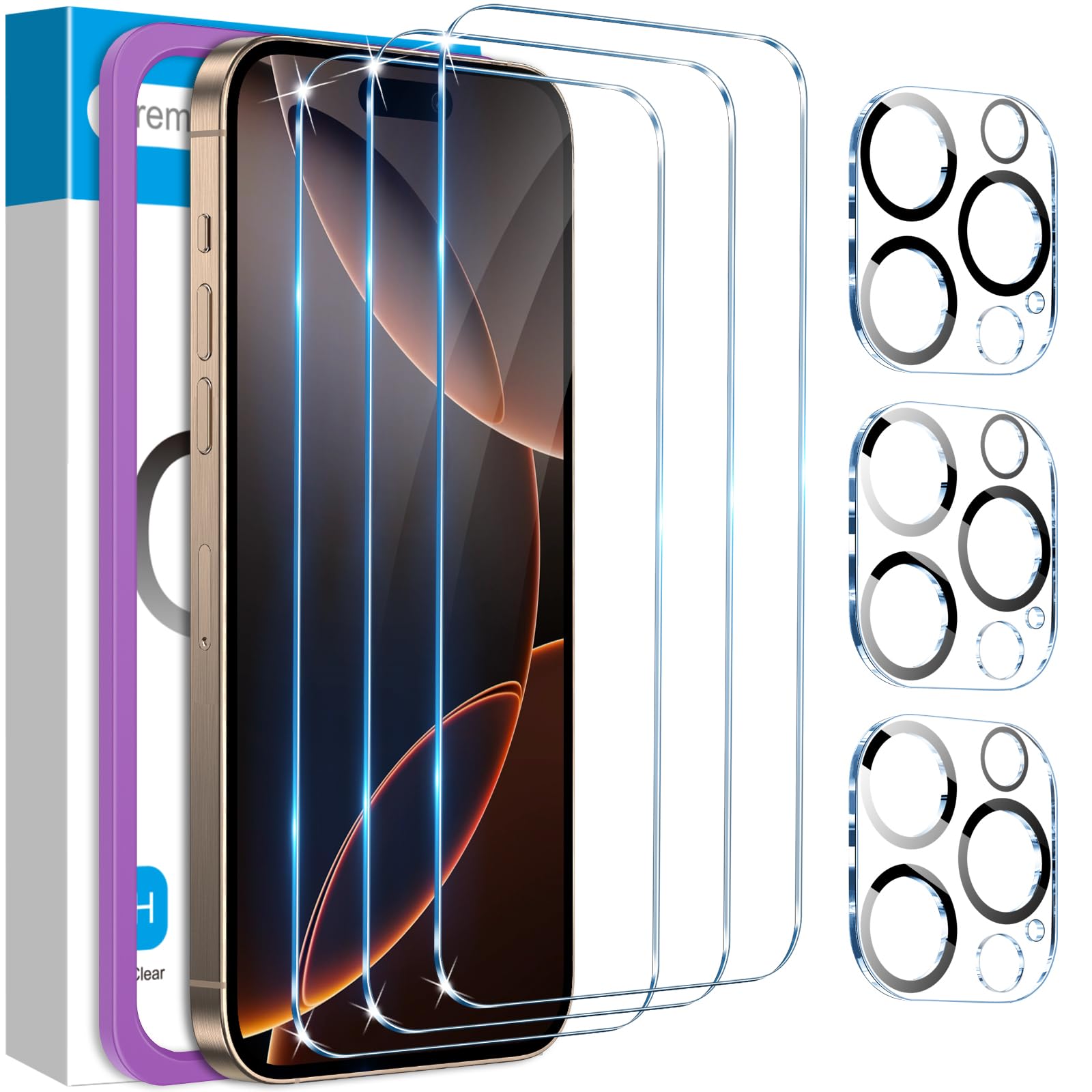 Fotbor for 3Pack iPhone 16 Pro Screen Protector with 3Pack Camera Lens Protector, 9H+ Tempered Glass Easy Installation Kit, Case Friendly iPhone 16 Pro