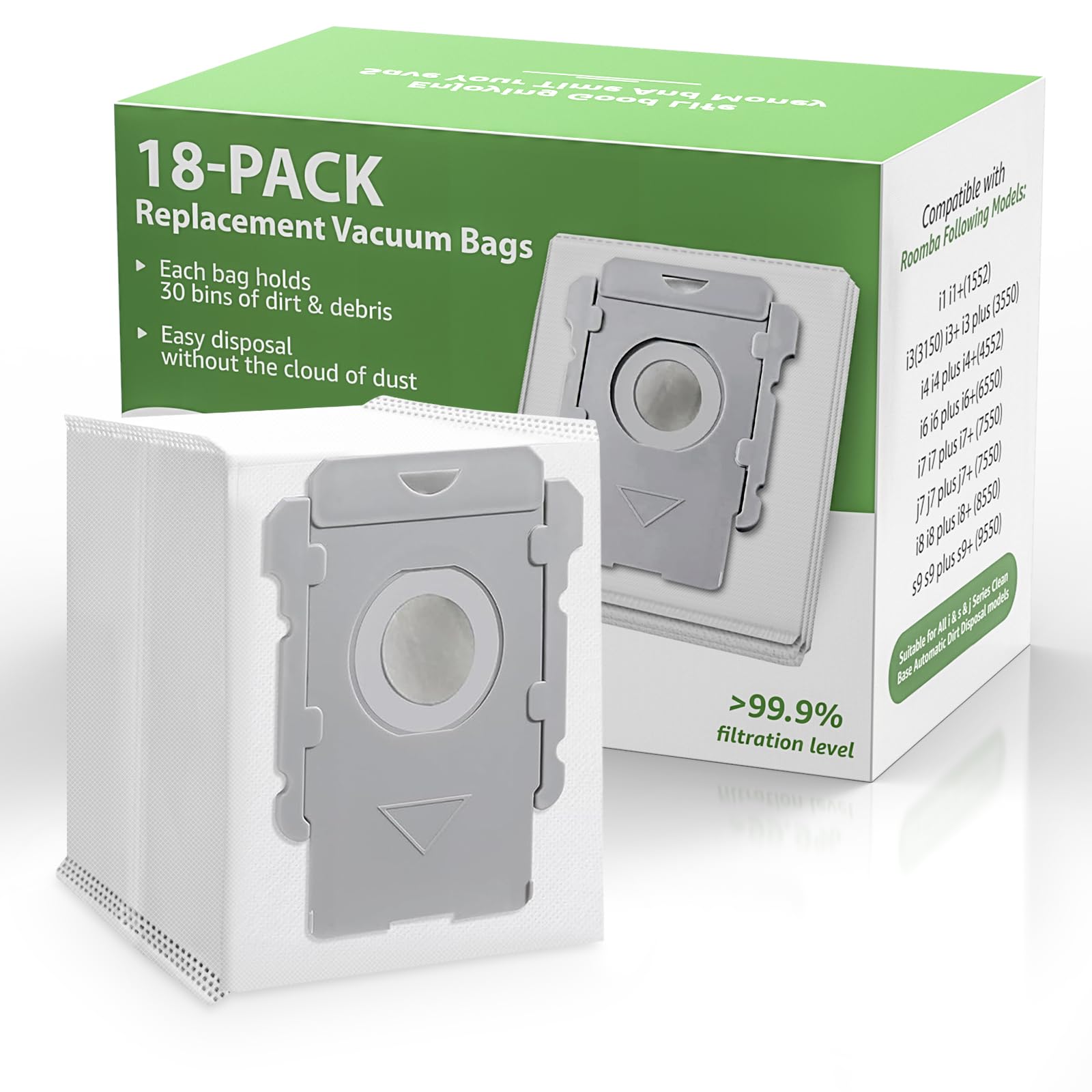 18 Pack Vacuum Bags for iRobot Roomba i7, i7+, i7Plus, i8, i8+, i3, i3+, i4, i4+, i6, i6+, s9, s9+, s9Plus, i and s Series Clean Base Automatic Dirt Disposal Bags
