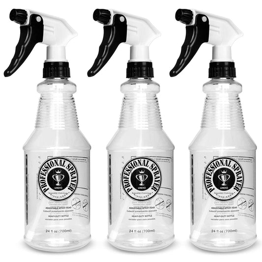 Plastic Spray Bottle (24oz 3 Pack) for Cleaning Solutions, Car Detailing Care, Planting, Pet, Clear Finish, Heavy Duty Empty Spraying Bottles Mist Water Sprayer with Measurements & Adjustable Nozzle