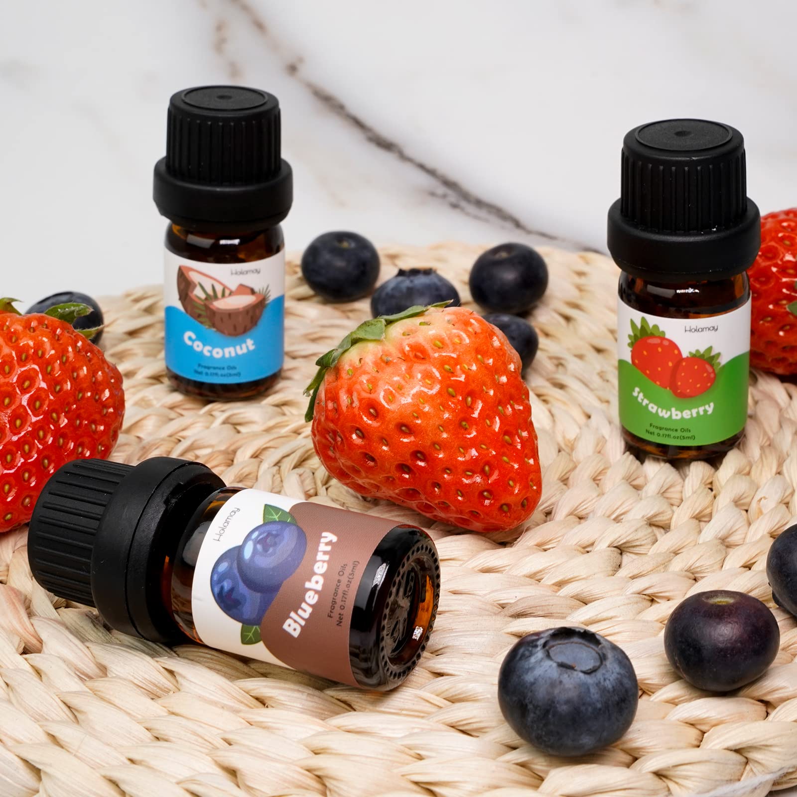 Fruity Fragrance Oil for Candle & Soap Making, Holamay Premium Fruit Essential Oils, 10 x 5ml - Coconut, Strawberry, Mango, Pineapple and More Diffuser Oil Scents, Summer Aromatherapy Oils Set