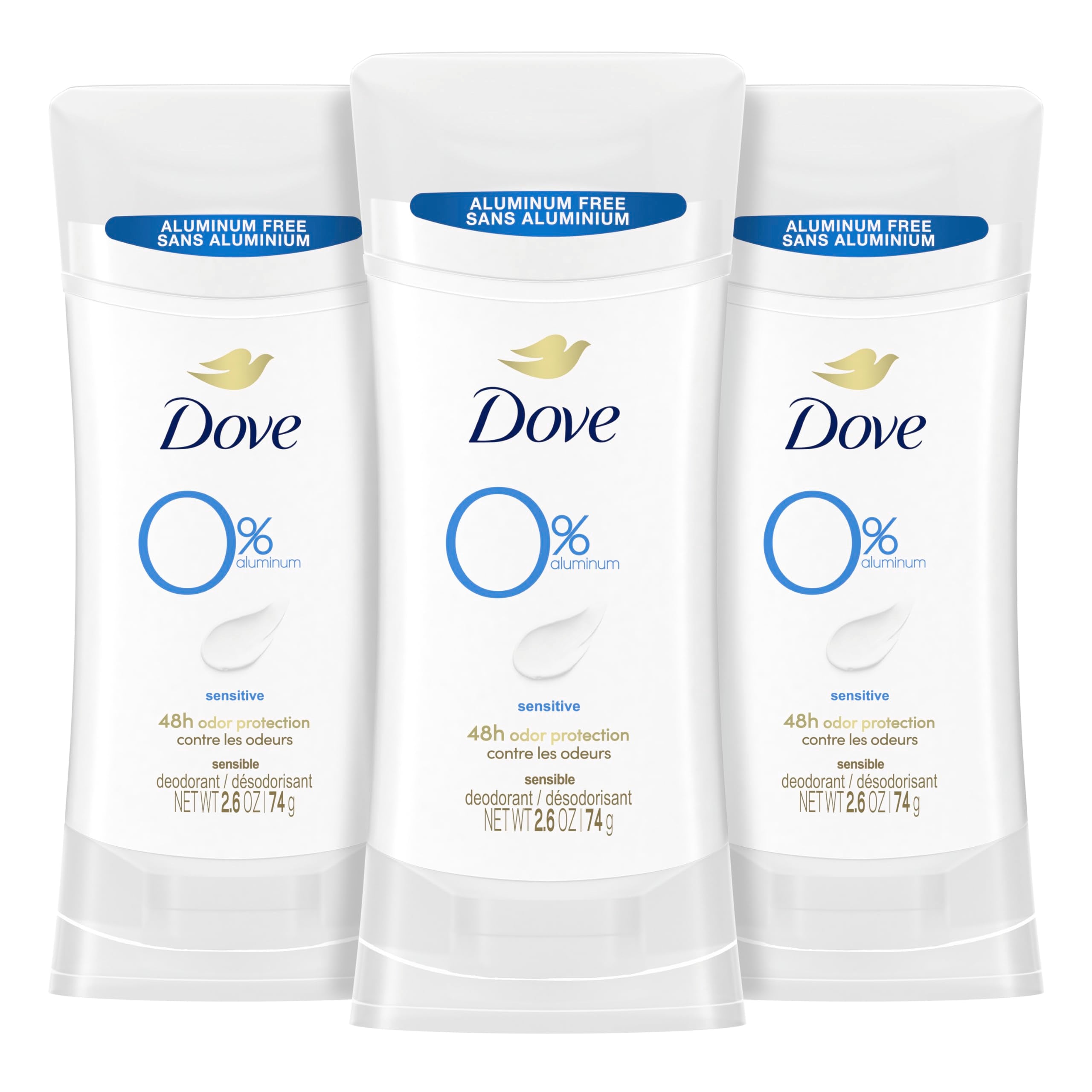 Dove 0% Aluminum Deodorant Stick Sensitive 3 Count Non-irritating Deodorant for Underarm Care Kindest Aluminum Free Deodorant 2.6 oz