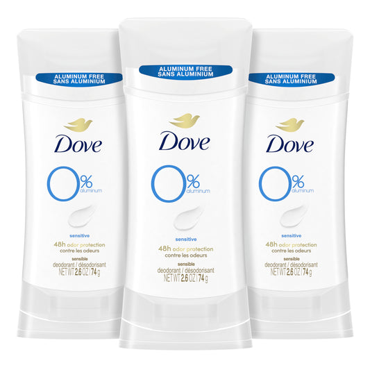 Dove 0% Aluminum Deodorant Stick Sensitive 3 Count Non-irritating Deodorant for Underarm Care Kindest Aluminum Free Deodorant 2.6 oz