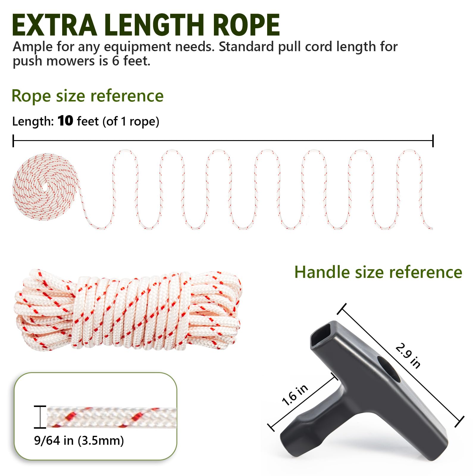 3 Pack, 10 ft x 9/64" (3.5mm) Pull Cord Rope with Handle, Premium Starter Rope with High Tensile Strength, Universal Pull Cord Replacement for Lawn Mower, Generator, Chainsaw, and Small Engine