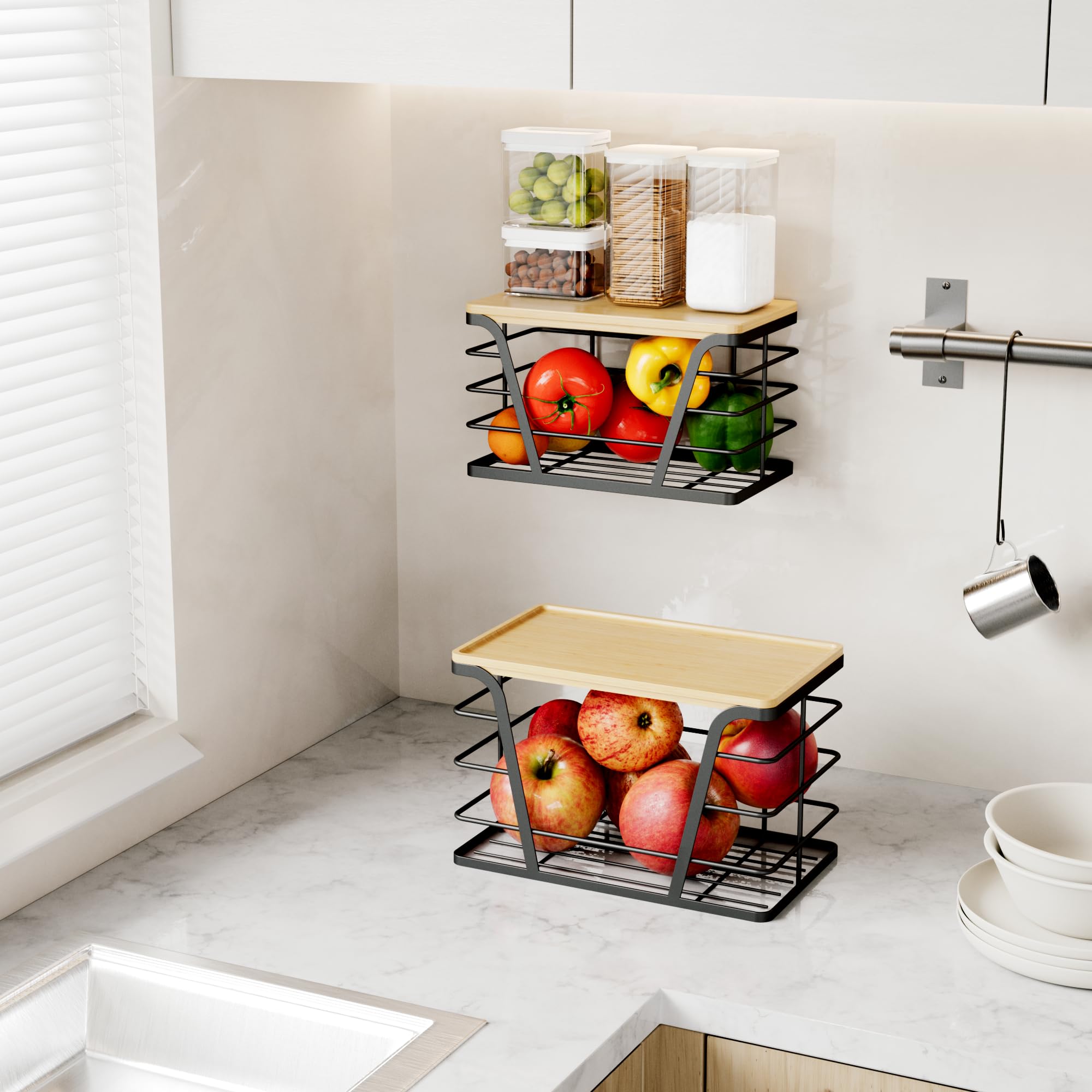 TIDIIABODE 2 Pack Stackable Storage Laundry Kitchen Organizers, Wall Mount Trash Bag Holder with Bamboo Top and Garbage Bag Dispenser No Drill