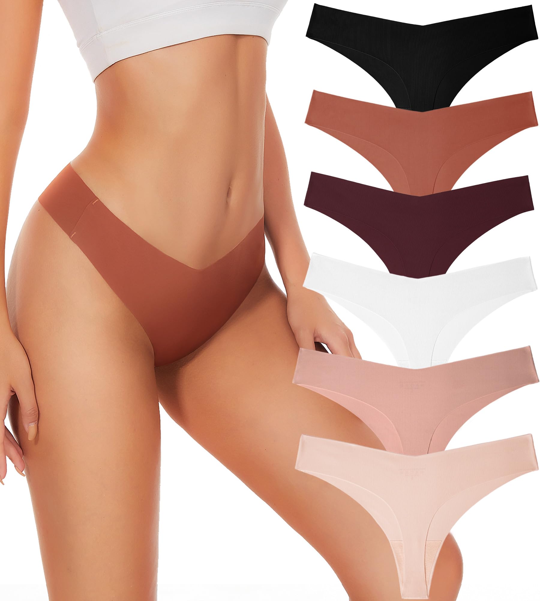 Hellopopgo Seamless Thongs For Women V-waisted No Show Thong Seamless Panties Breathable Comfortable Underwear Womens 6-Pack,S