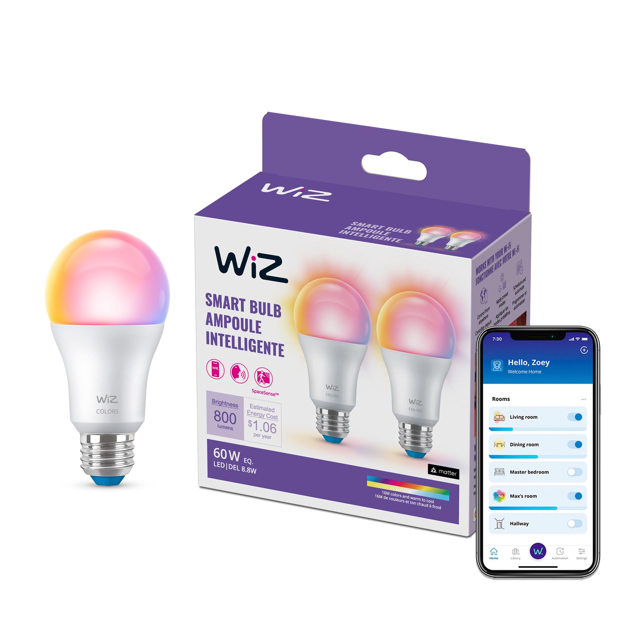 WiZ Connected 60W A19 LED Smart Light Bulbs - Connects to Your Wi-Fi - E26 Smart Bulb - Control with Voice or App + Activate with Motion - Matter Compatible - 1 Pack