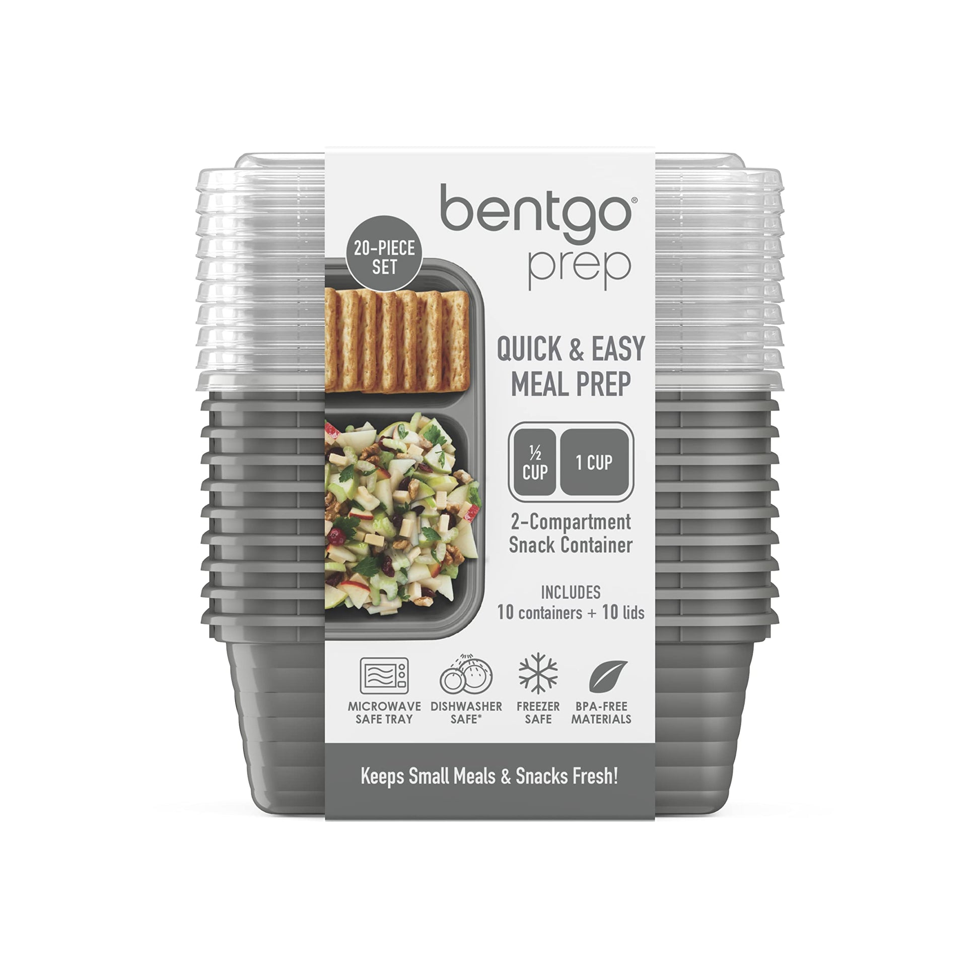 Bentgo Prep - 2-Compartment Snack Containers with Lids - Reusable, Microwaveable, Durable, PFAS & BPA-Free, Freezer and Dishwasher-Safe Meal Prep Food Storage - 10 Trays & 10 Lids (Pewter)