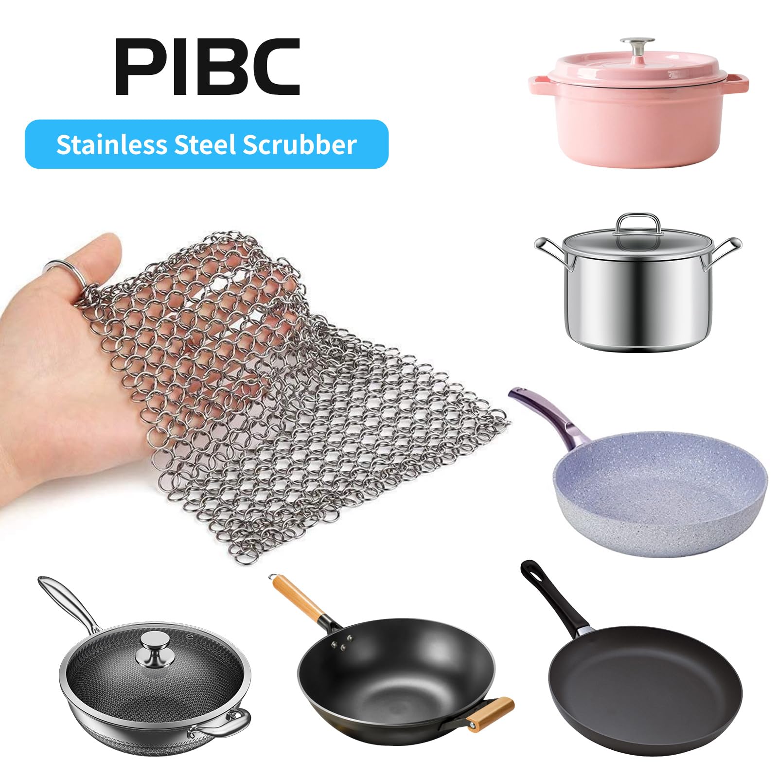 PIBC Cast Iron Cleaner 8"x6" 316L Stainless Steel Chainmail Scrubber for Griddle Skillet Dutch Oven Wok Stainless Steel Pot Cast Iron Pan