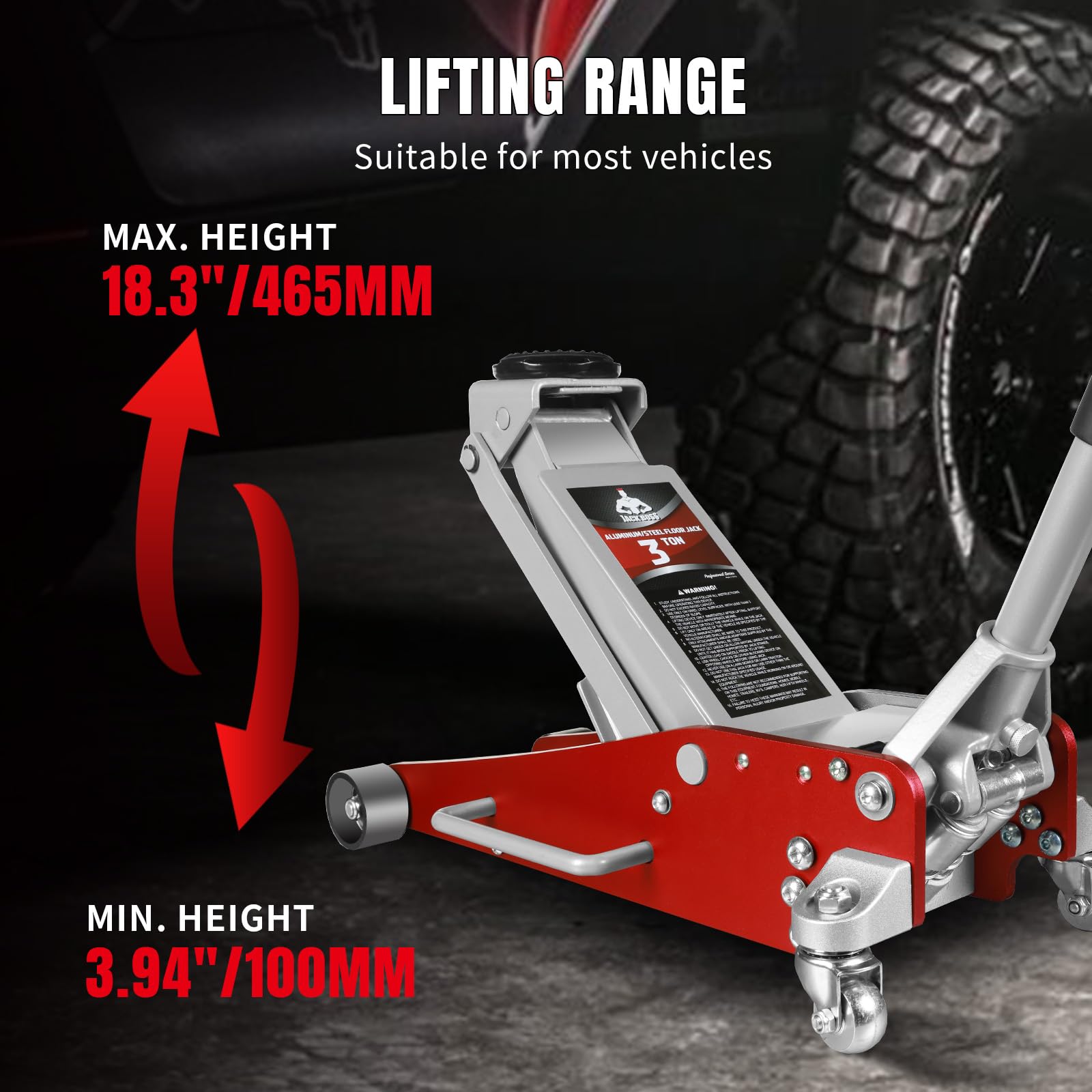 Jack Boss 3 Ton Low Profile, Aluminum and Steel Racing Floor Jack with Dual Pistons Quick Lift Pump for Sport Utility Vehicle, Lifting Range 3-15/16" min to 18-5/16" max, Net Weight 58.5 lb, Red