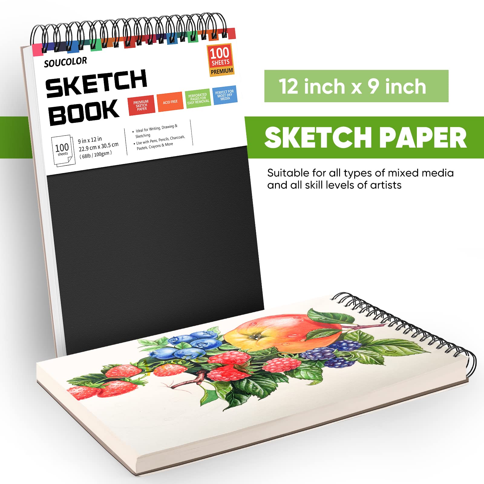 Soucolor 9" x 12" Sketch Book, 1-Pack 100 Sheets Spiral Bound Art Sketchbook, (68lb/100gsm) Acid Free Artist Drawing Book Paper Painting Sketching Pad for Kids Students Adults Beginners