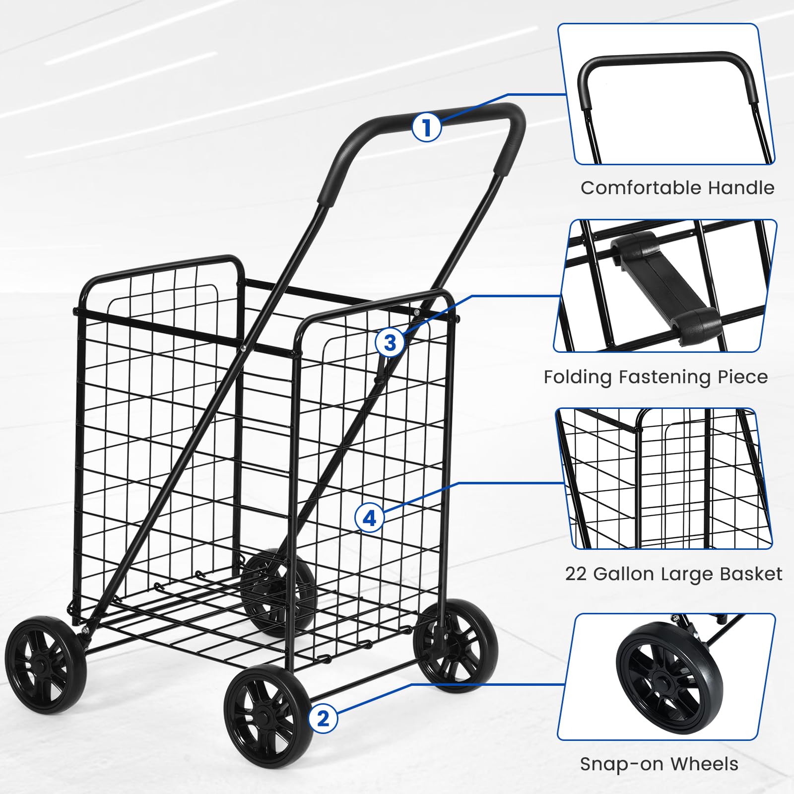 IRONMAX Grocery Shopping Cart, Foldable Heavy Duty Utility Cart w/Large Wheels for Easy Installation and Removal, Lightweight Trolley Cart for Grocery Laundry Luggage (Black)