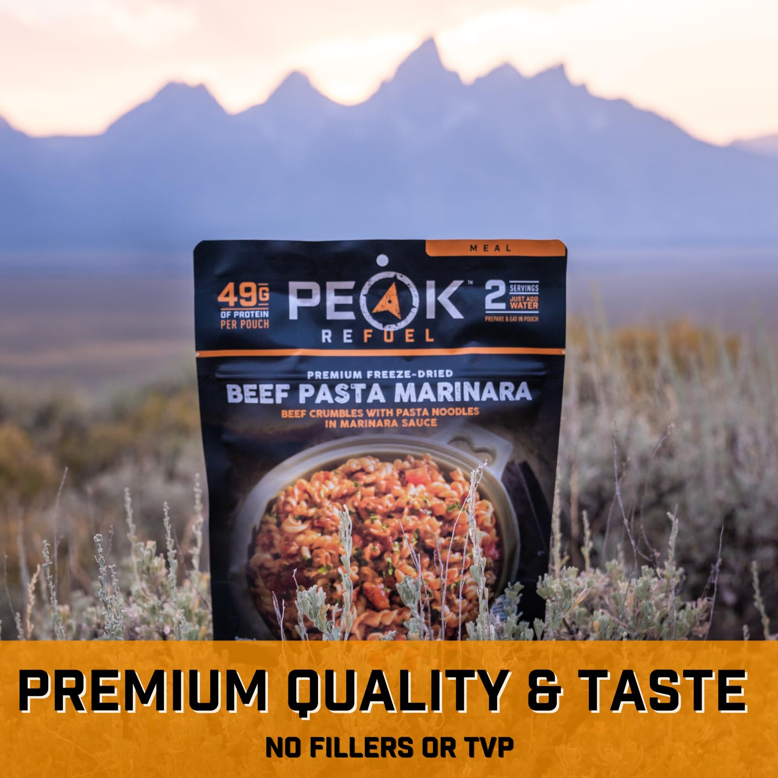Peak Refuel Beef Pasta Marinara | 49g Protein | 1040 Calories | 100% Real Meat | Premium Freeze Dried Backpacking & Camping Food | 2 Servings | Ideal MRE Survival Meal (2 Serving Pouch)