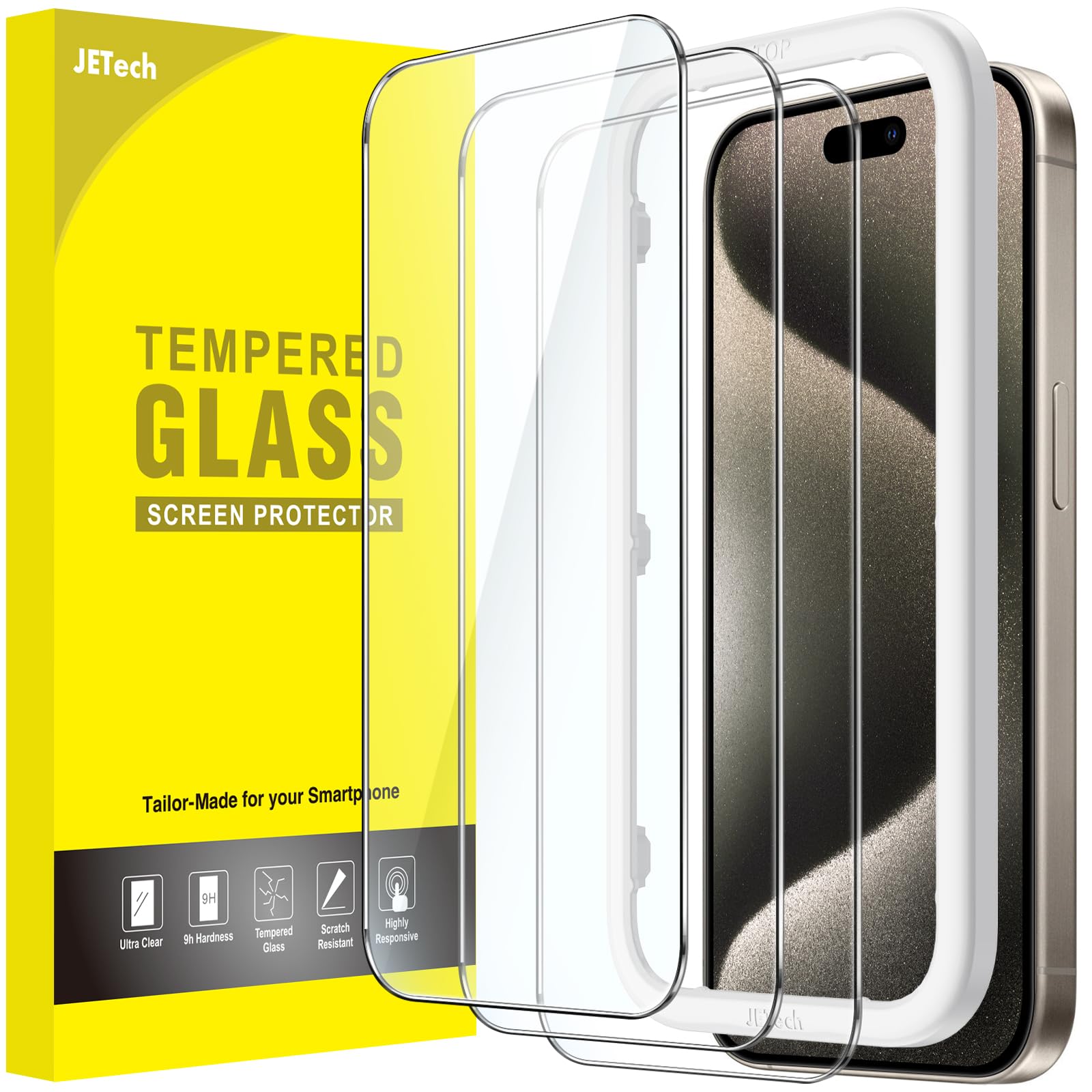 JETech Screen Protector for iPhone 15 6.1-Inch, Tempered Glass Film with Easy Installation Tool, Case-Friendly, HD Clear, 3-Pack