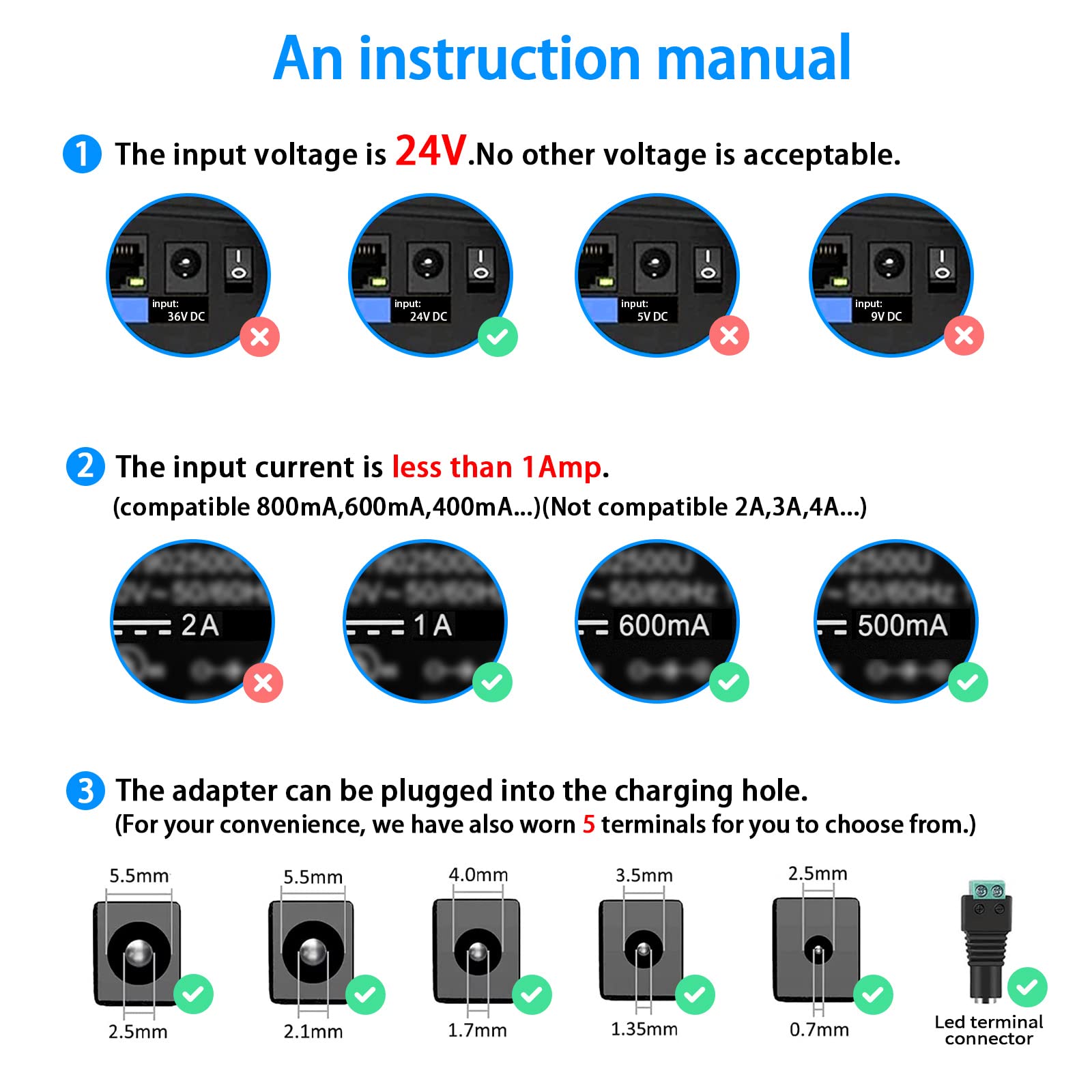 100V-240V to 24V 1A AC/DC Switching Power Supply Adapter with 5 Selectable Adapter Plugs