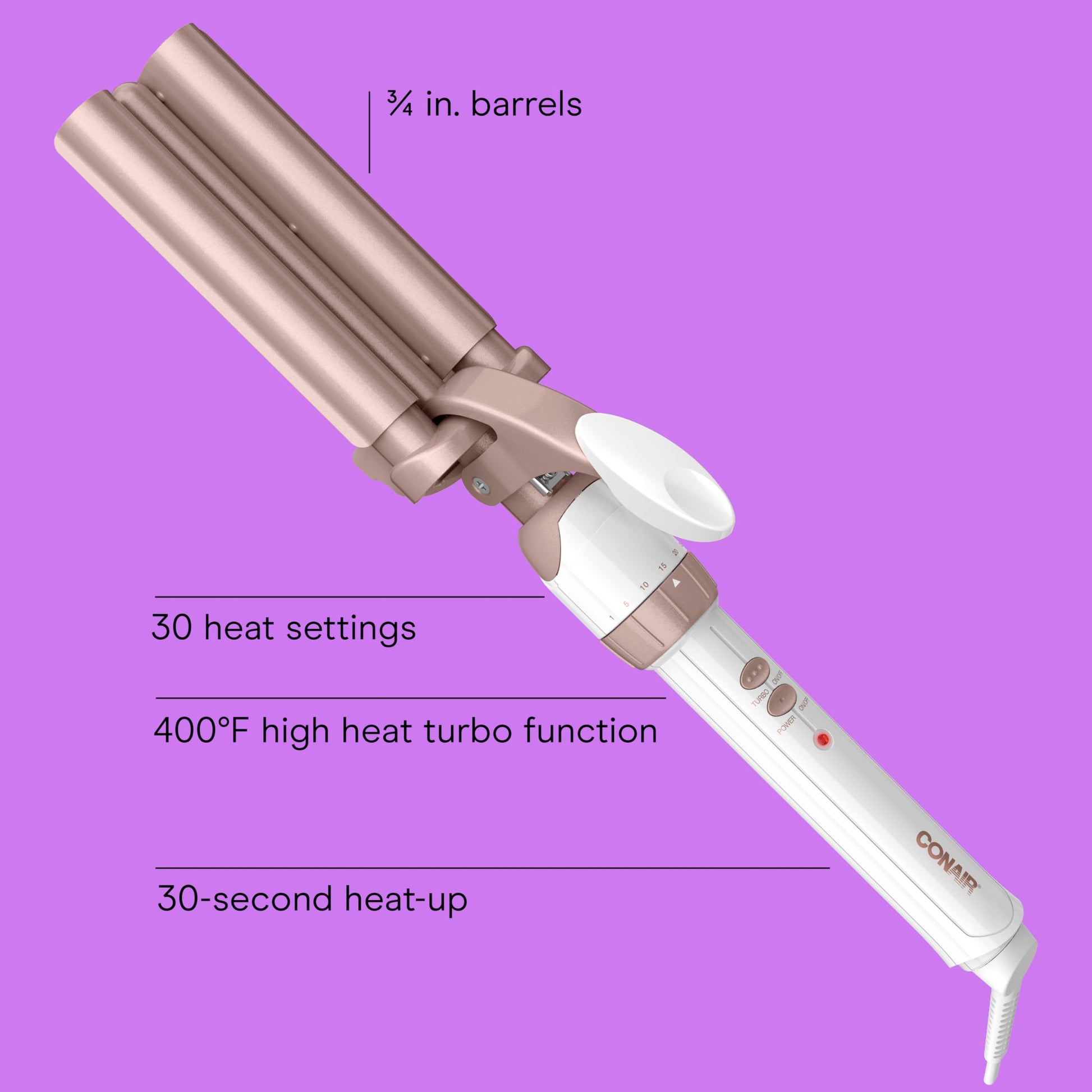 Conair Double Ceramic 3 Barrel Curling Iron, Hair Waver, Create Beachy Waves, Long-Lasting Natural Tight Waves for all Hair Lengths, White / Rose Gold