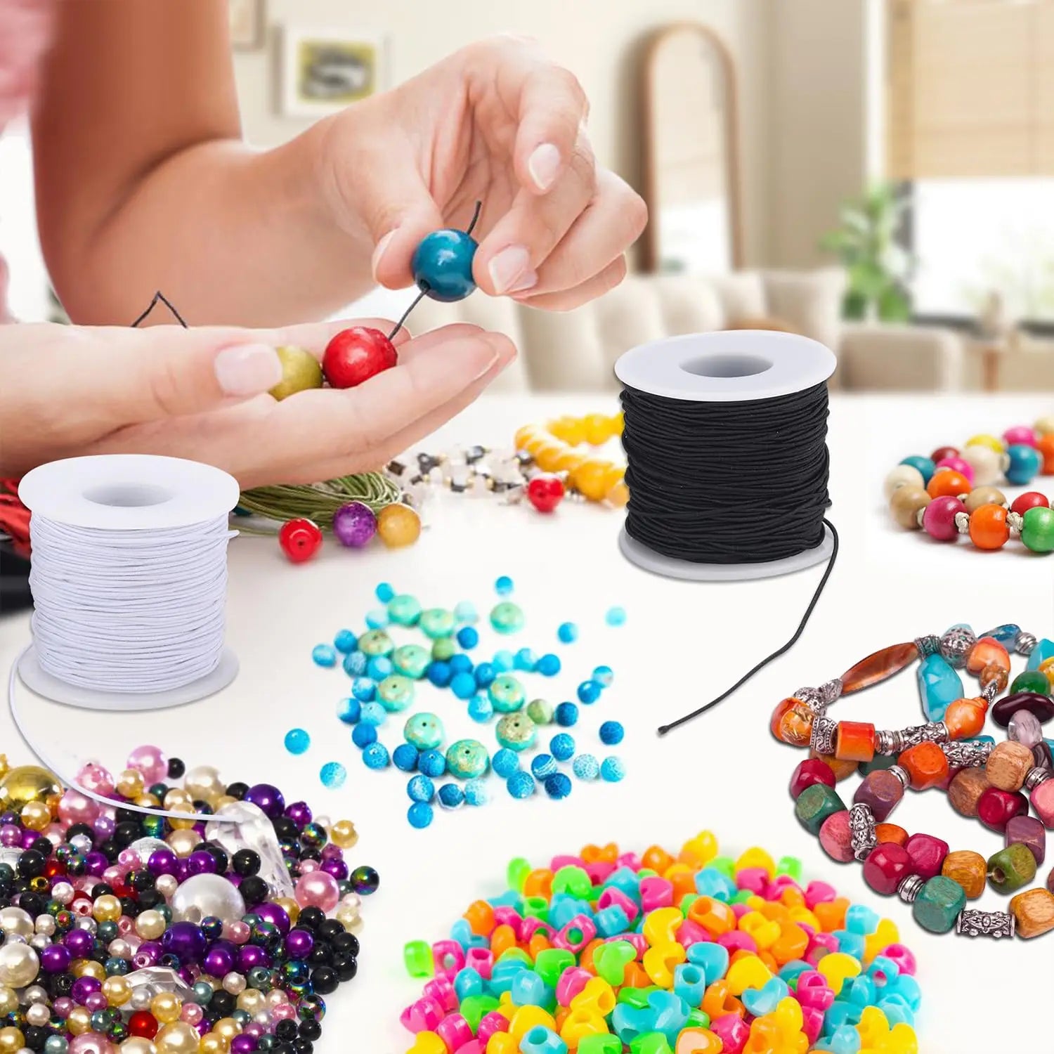 Stretchy String for Bracelets, 3 Rolls 1 mm 495 Feet Sturdy Elastic String Cord for Jewelry Making, Necklaces, Beading and Crafts (1.0mm (Black&Wihte&Rainbow))