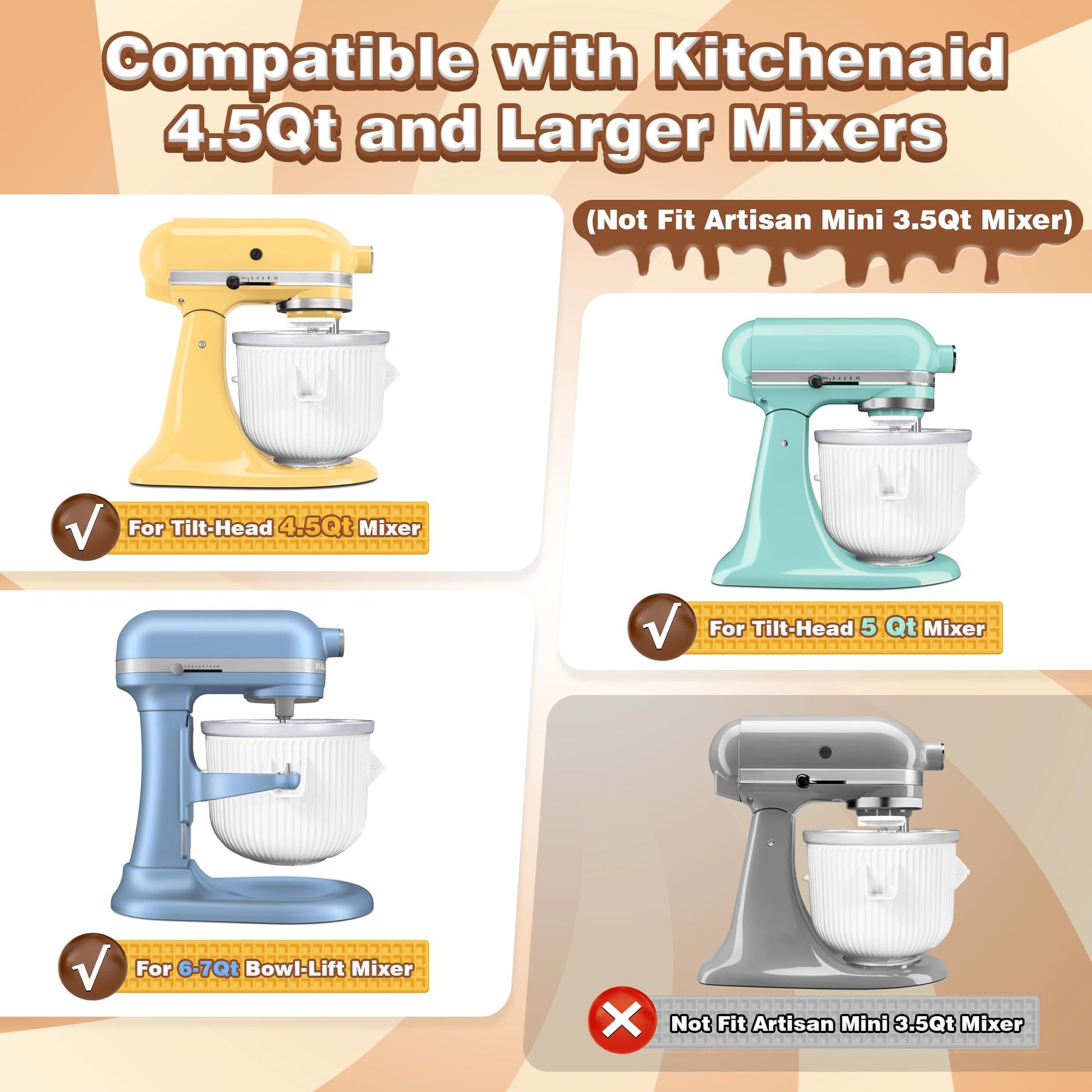 Ice Cream Maker Attachment for KitchenAid Stand Mixer, Compatible with KitchenAid 4.5/5QT/6QT accessories and attachments, 2 Quart for kitchenaid mixer attachments Frozen Yogurt/Gelato Maker