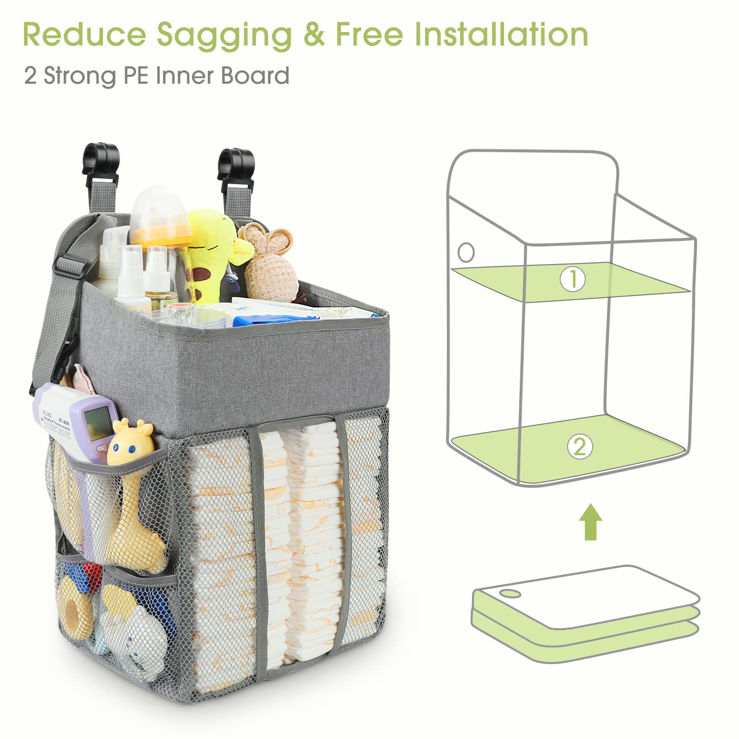 Maliton Changing Table Diaper Organizer - Baby Hanging Diaper Stacker Nursery Caddy Organizer for Cribs Playard Baby Essentials Storage - Hold 52+ Diapers - 18.5" x 10.5" x 8" (Gray)