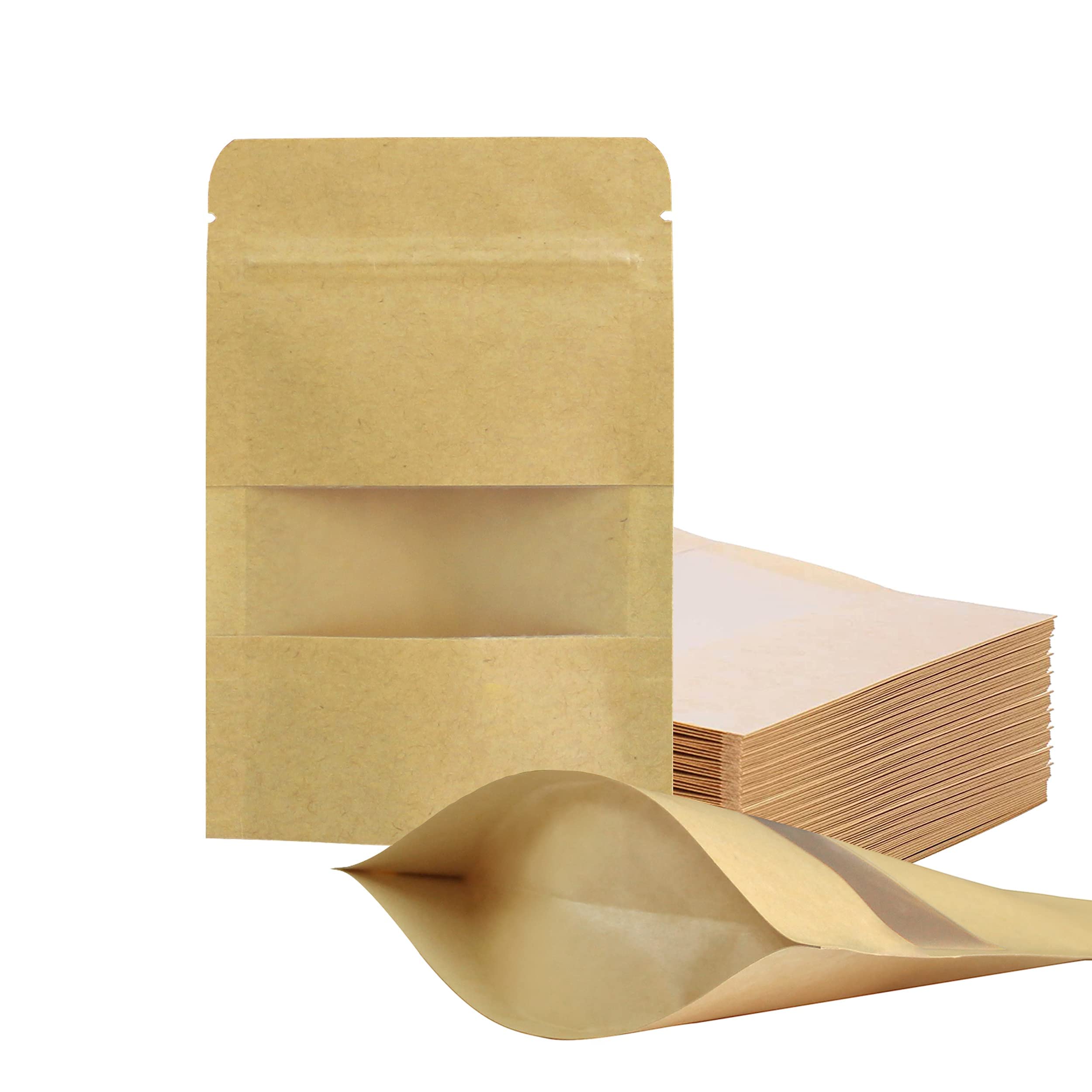 100 Stück Papiertüten, wiederverschließbare Beutel 3.5" x 5.5" Reißverschluss-Aufbewahrungsbeutel, stehend, mit mattem Fenster, wiederverwendbar, versiegelbar, zur Produktverpackung