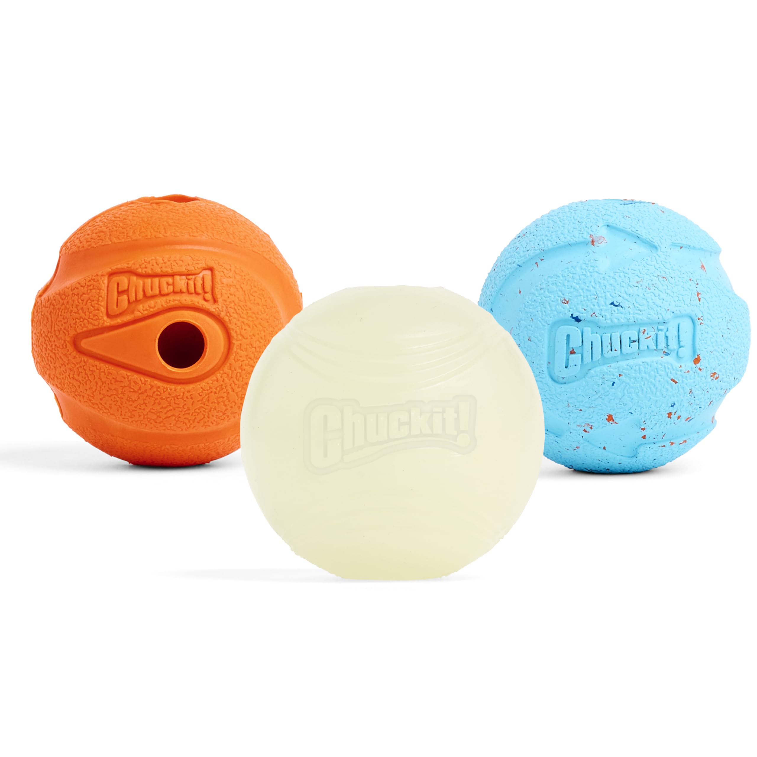 Chuckit! Fetch Medley Dog Ball Dog Toys, Medium (2.5 Inch) Pack of 3, for Medium Breeds, Includes Whistler, Max Glow and Rebounce Balls