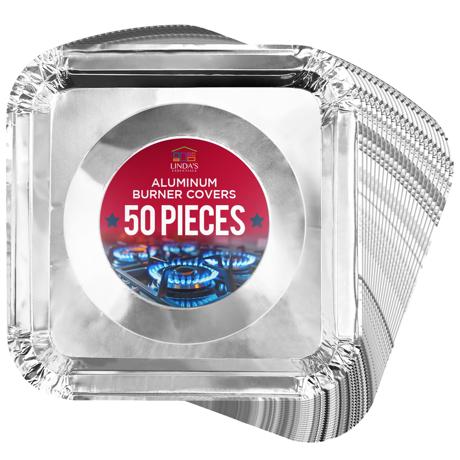 Gas Stove Burner Liners (50 Pack) - Disposable Aluminium Foil Covers, 8.5” Heat-Resistant Protector, Fits Gas or Electric Ranges, Thick Foil for Mess-Free Cooking, Perfect Stove Cover for Kitchen