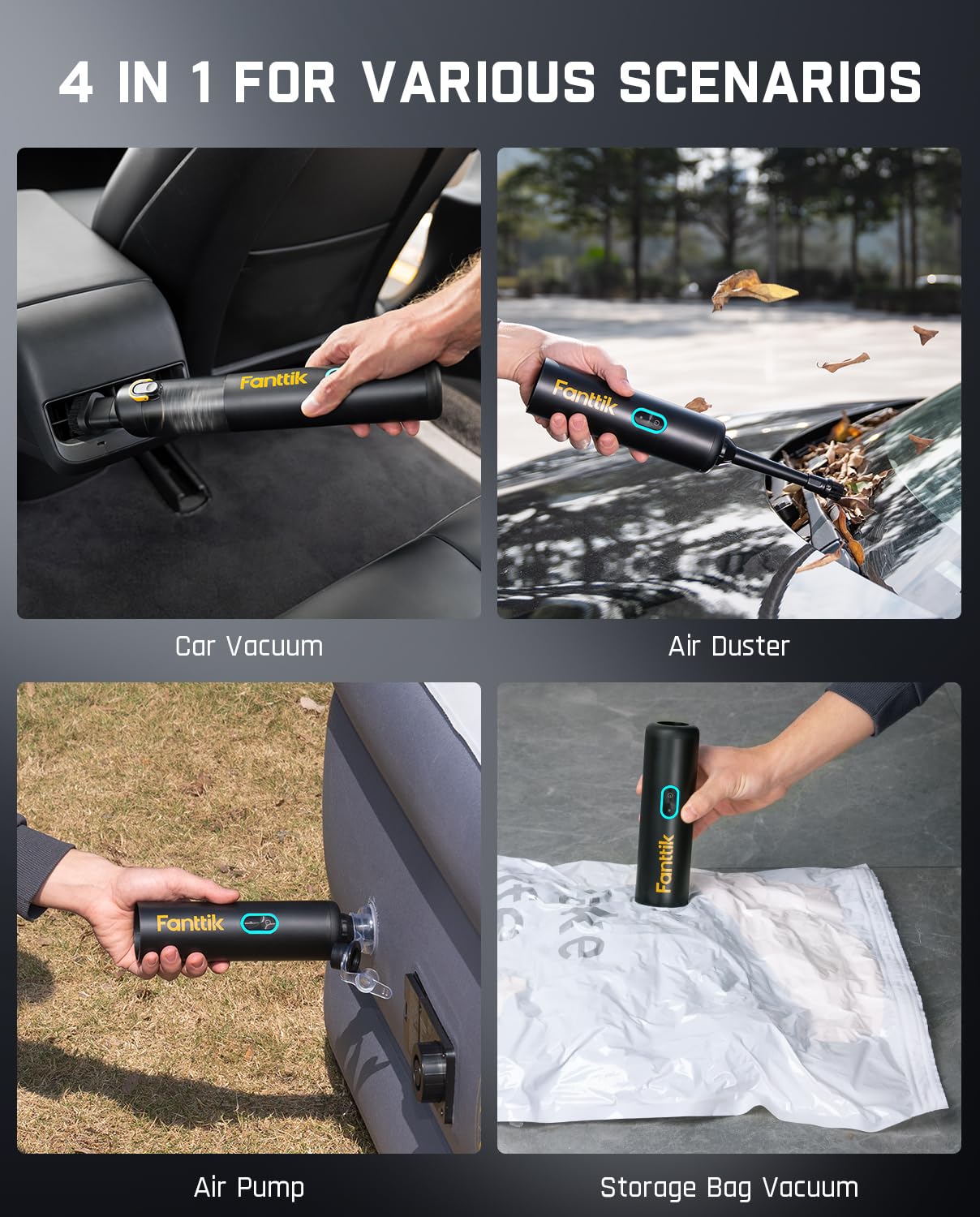 Fanttik Slim V8 APEX Car Vacuum, 4-in-1 Portable Mini Cordless Vacuum with 19000pa Suction Power, Type-C Charge, 2 Suction Modes, Handheld Vacuum for Small Jobs, Car, Office Desk, Keyboards (Black)