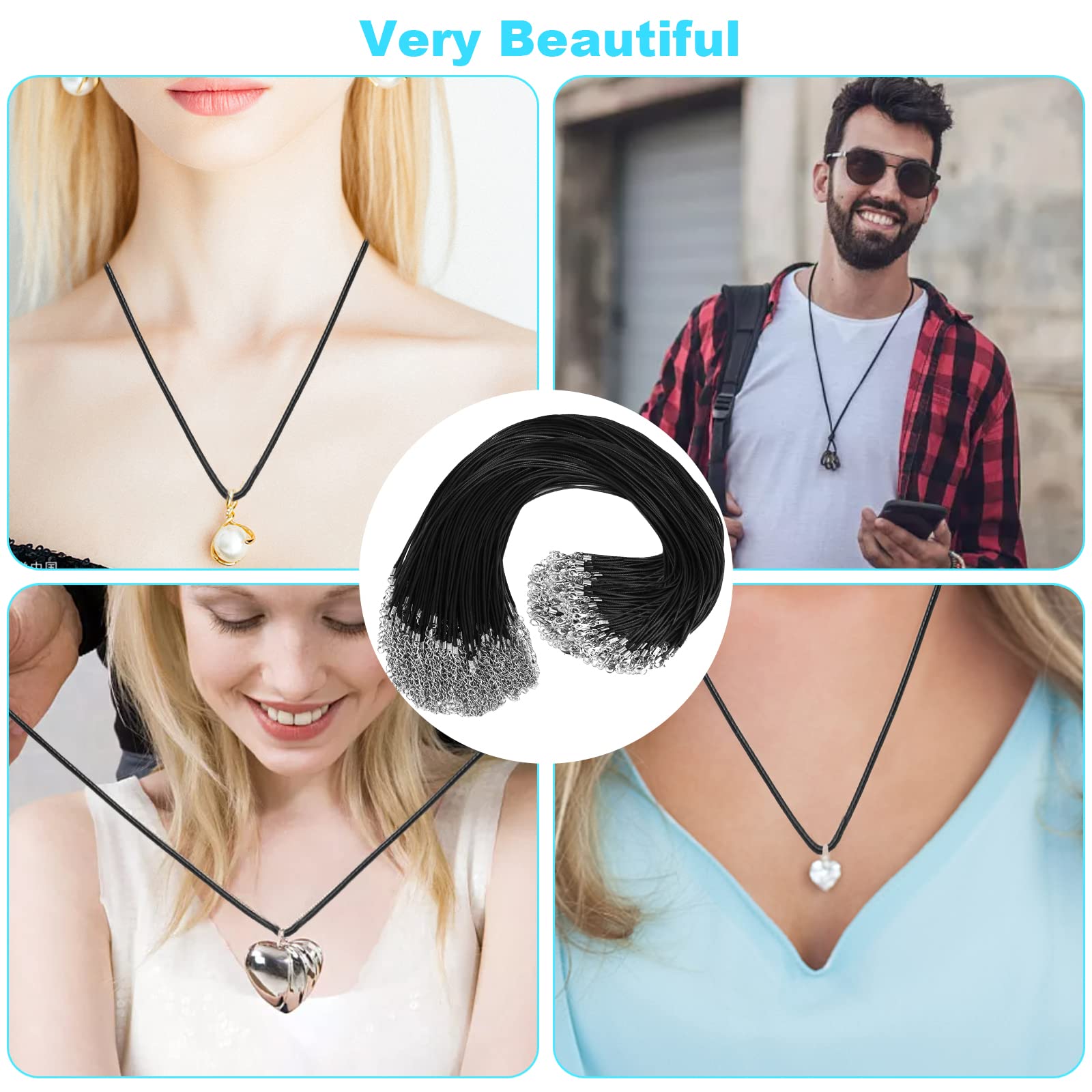 100Pcs Premium Leather Necklace Chains Bracelet Cord with Clasps for Pendants, Bulk Waxed Rope Necklace String, Black , 18" for Jewelry Making Supplies, 1.5mm DHOOZ