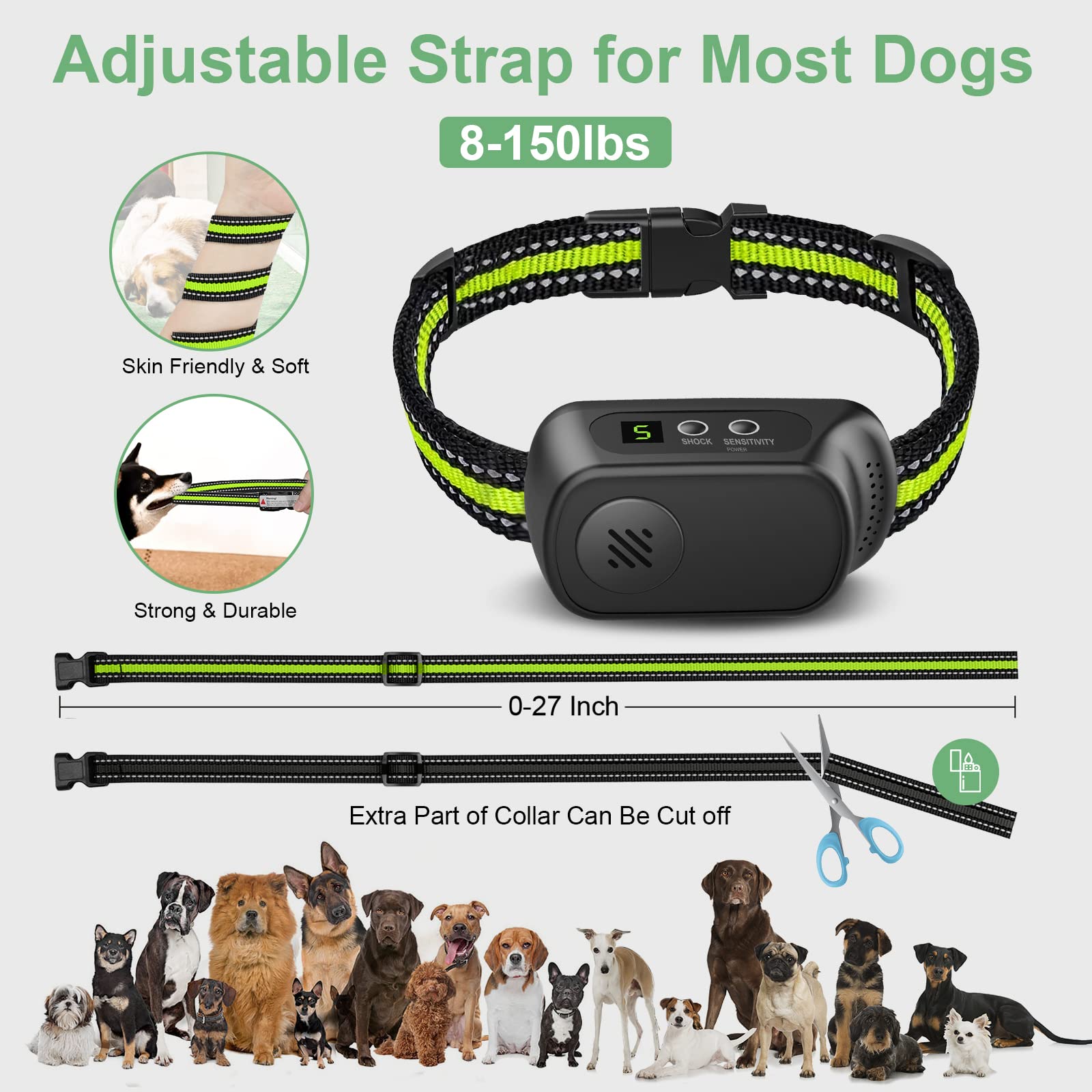 Rechargeable Dog Bark Collar with Beep Vibration and Shock,Anti Barking Collar for Small Medium Large Dogs, Humane Dog Training Device with 5 Adjustable Sensitivity Levels